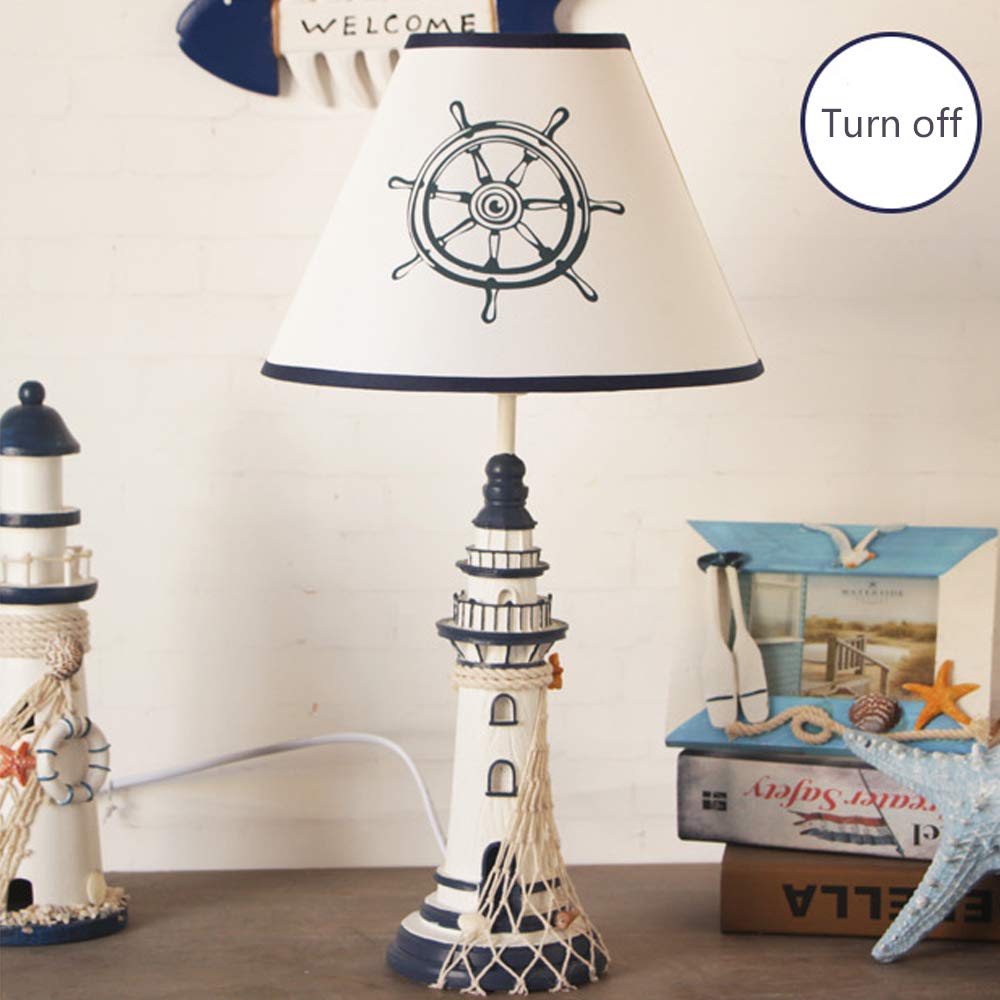 LITFAD Modern Blue Nautical Style Resin LED Desk Lamp - 1 Light Lighthouse Design Bedside Table Lamp for Reading, Bedroom, Kids Room & Office (Rudder-Shaped Base) | Perfect for Coastal Decor & Nighttime Reading