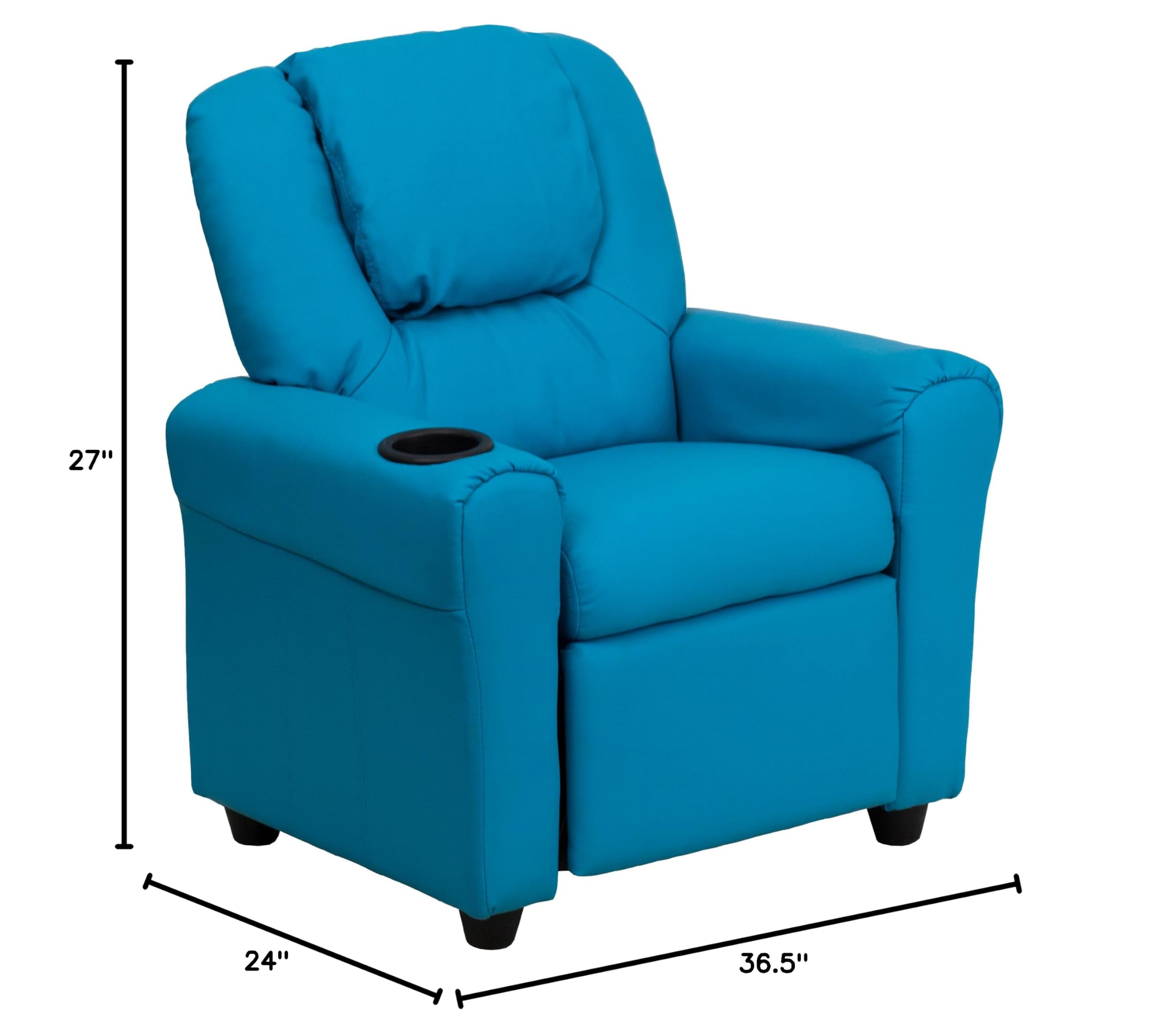 Turquoise Vinyl Kids Recliner Chair with Cup Holder & Headrest - Comfortable Lounge Chair for Boys & Girls - Perfect for Bedroom, Playroom, or Movie Night