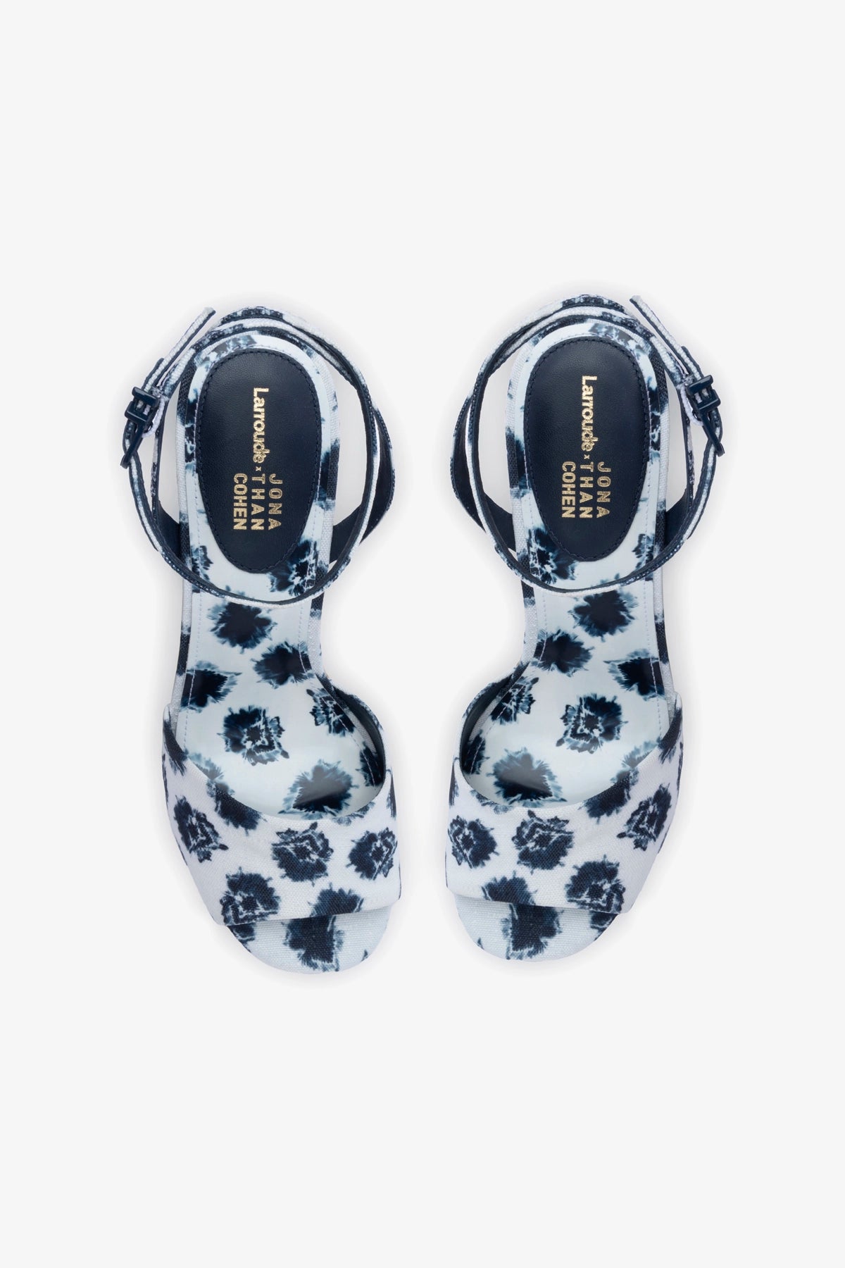 Larroudé x Jonathan Cohen Yves Wedge Sandals in Tie-Dye Ocean Linen | Stylish Summer Beach Shoes for Women | Perfect for Vacations, Weddings & Outdoor Events