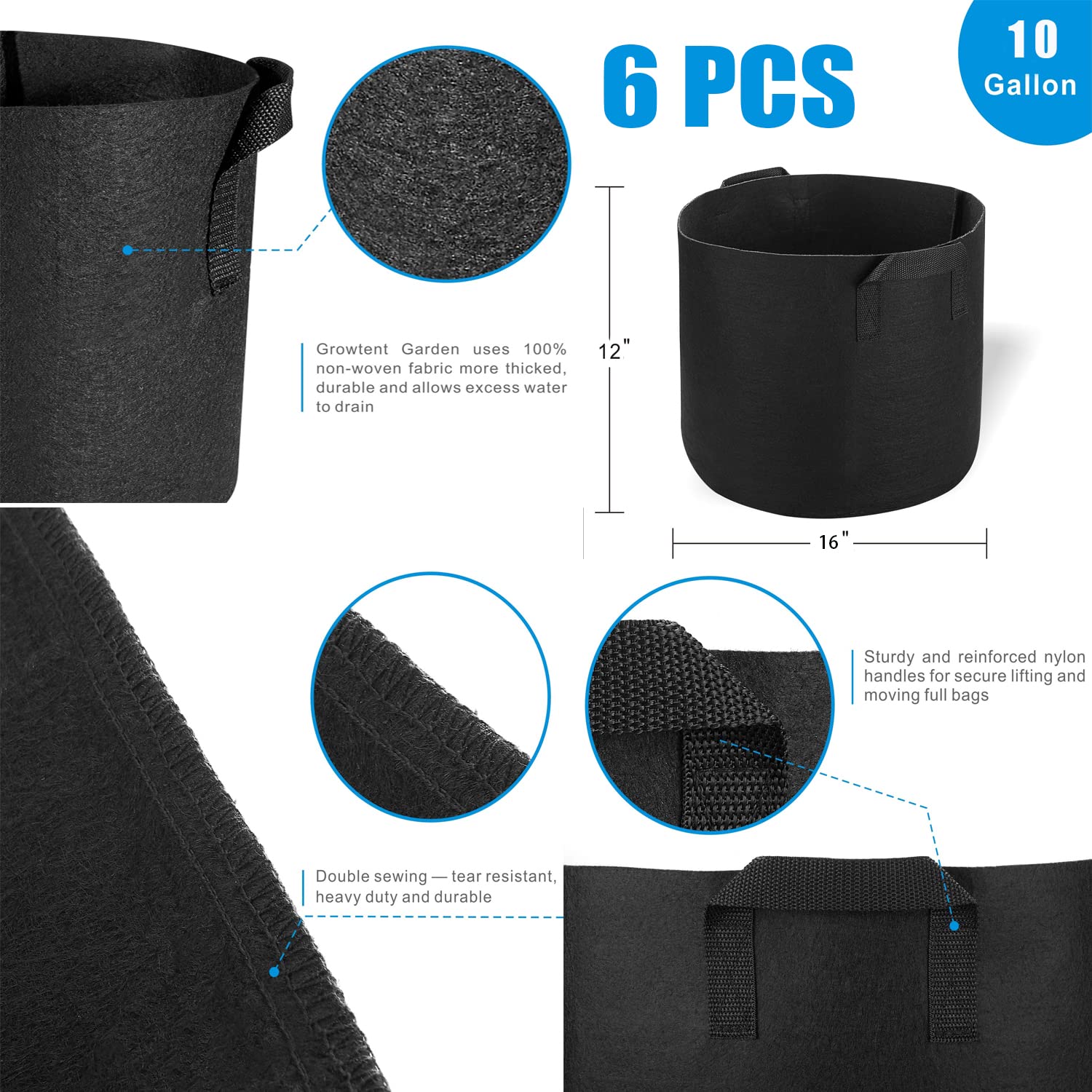 6-Pack 10 Gallon Heavy Duty Thickened Non-Woven Aeration Fabric Plant Grow Bags with Handles - Breathable Garden Pots for Vegetables, Flowers & Herbs - Ideal for Indoor/Outdoor Planting & Container Gardening (Black)