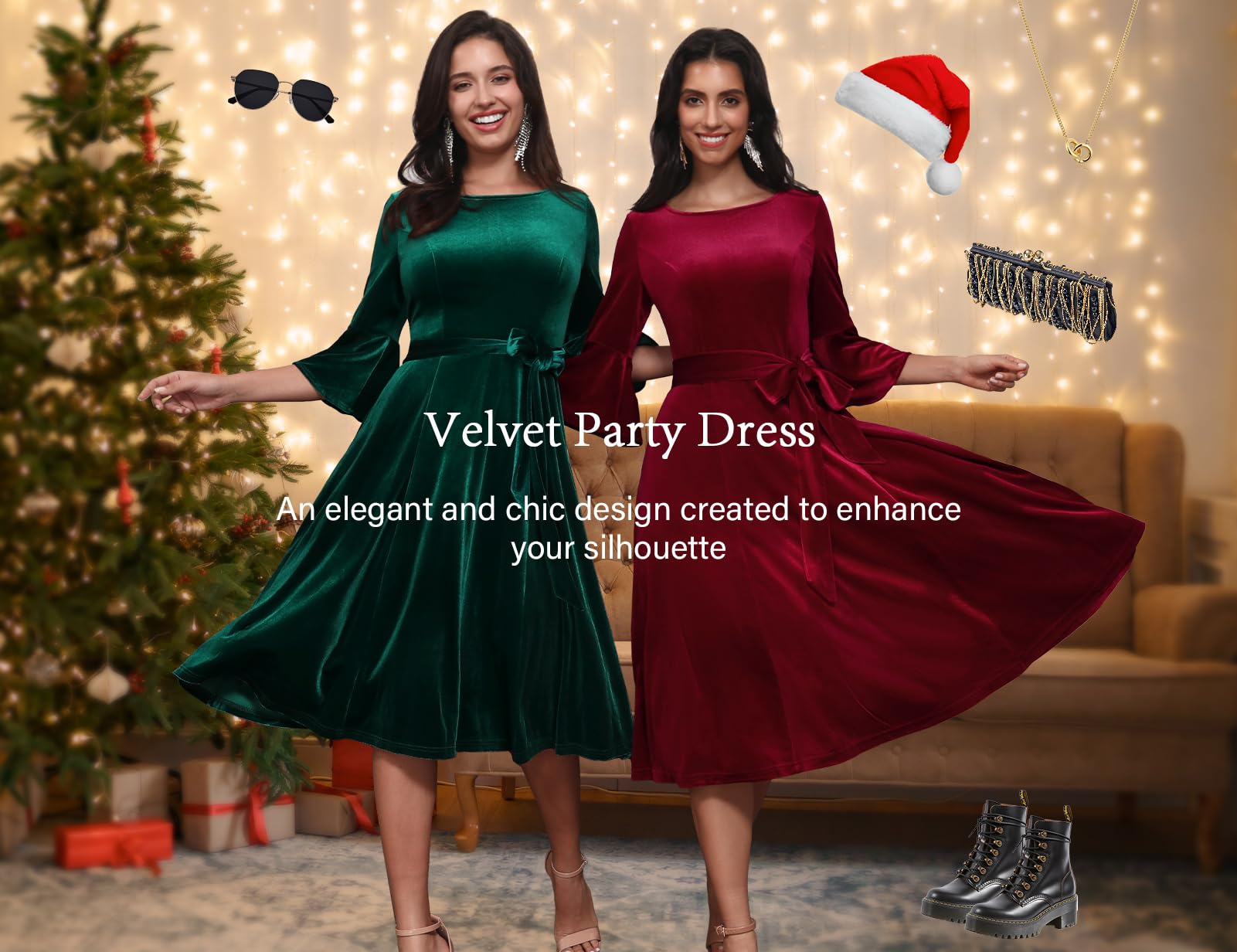 Elegant Velvet Dress for Women - Long Sleeve Velvet Cocktail Dress for Wedding Guest, Evening Party & Special Occasions | Perfect for Holiday Gatherings, Date Nights & Formal Events