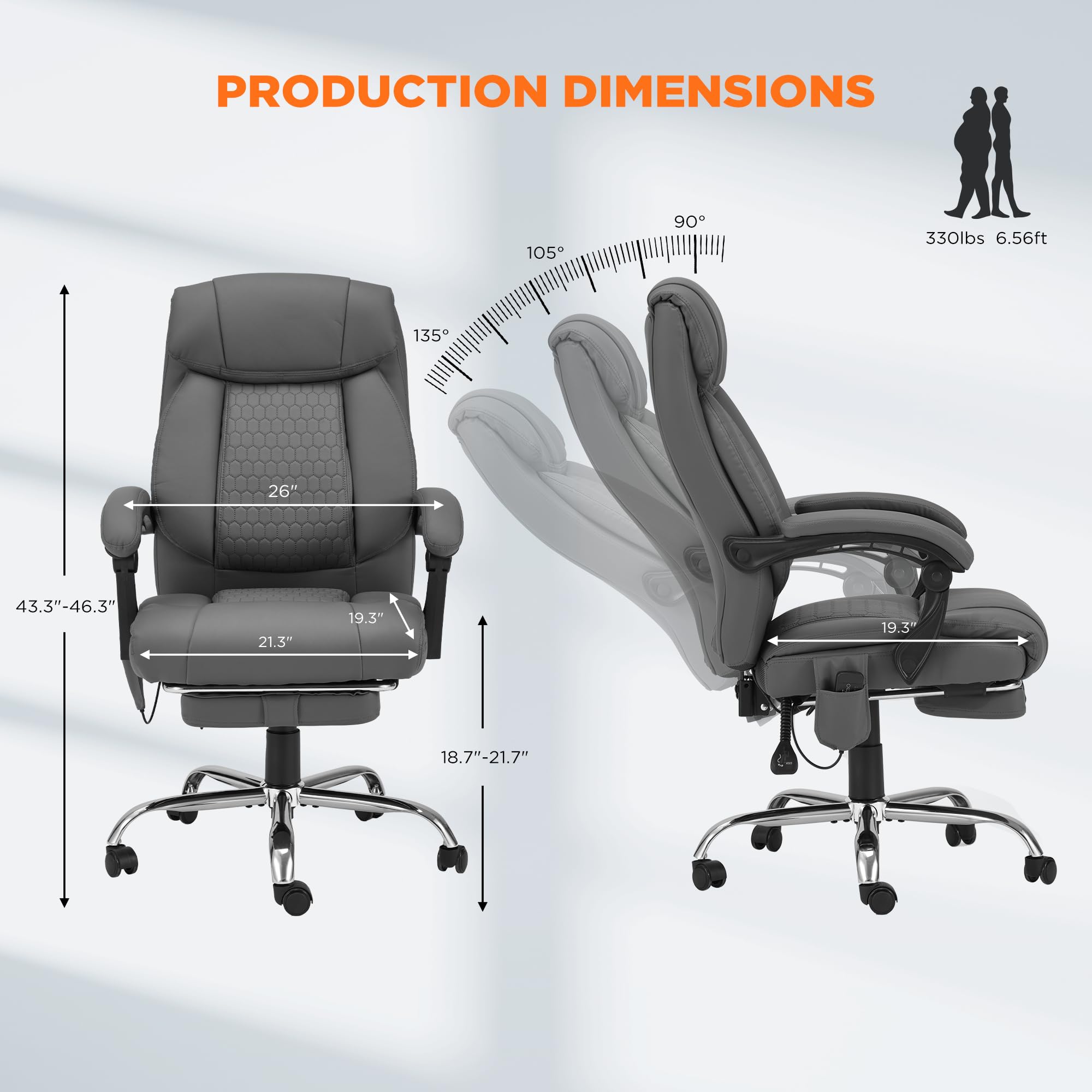 HOMREST Ergonomic Reclining Office Chair with 4-Point Massage & Heating - Adjustable Executive Chair with Retractable Footrest - Gray Home Computer Desk Chair for Work, Gaming & Relaxation - Perfect for Home Office, Study & Workspace Comfort