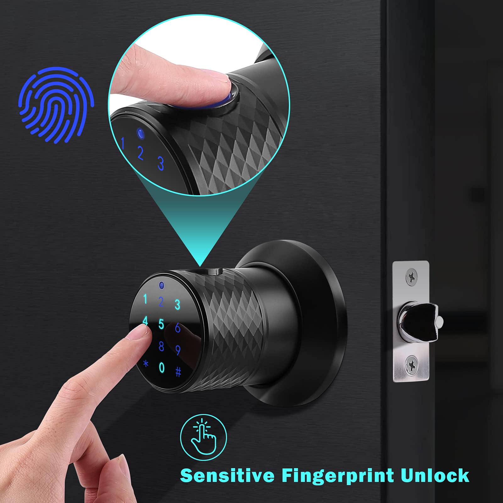 FITNATE Smart Fingerprint Door Knob Lock - Tuya App Controlled, 255 User Capacity, Password Management, Anti-Slip Handle for Home Security | Ideal for Bedroom, Office & Hotel Use