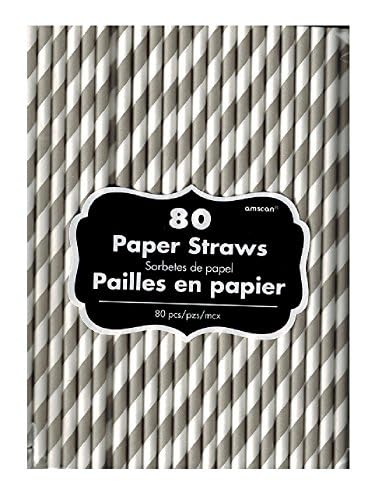 Eco-Friendly Striped Paper Straws 80 Count (Silver) - Biodegradable Drinking Straws for Parties, Weddings, and Home Use