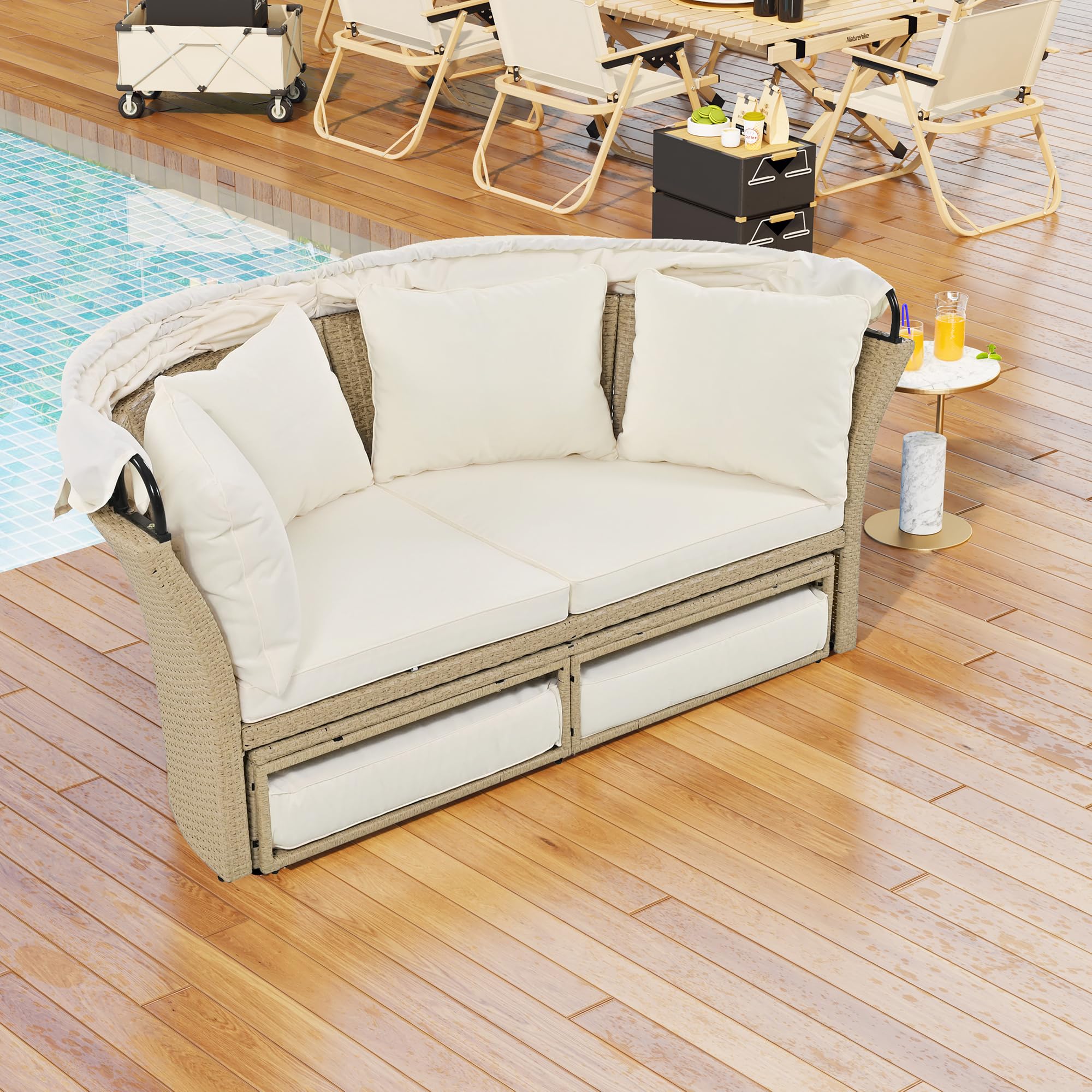 P PURLOVE Outdoor Canopy Bed Patio Daybed with 4 Pillows - Wicker Rattan Double Daybed Round Sofa Set with Retractable Canopy - 2-Person Patio Furniture for Lawn, Garden, Backyard, Poolside (Beige) - Perfect for Relaxing, Sunbathing & Outdoor Lounging