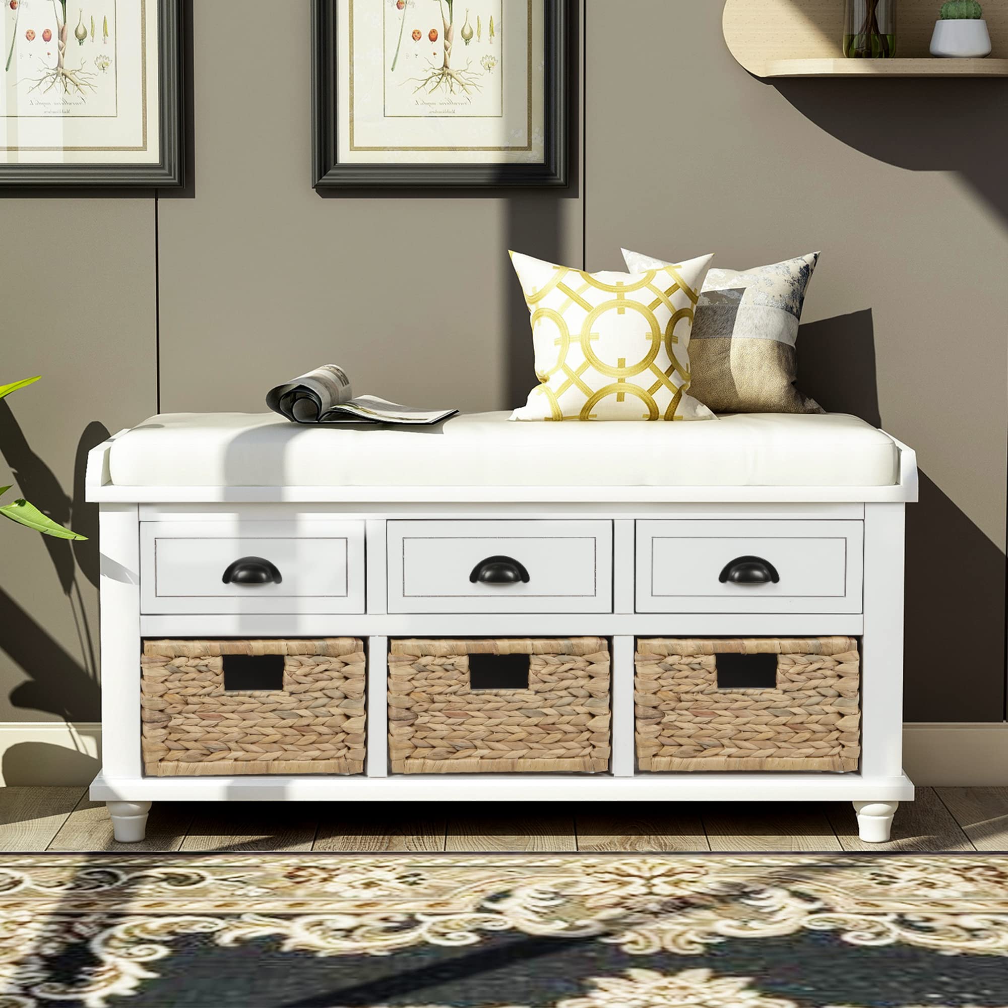 White Entryway Bench with Cushion Seat - 3-Drawer Storage Bench with Removable Baskets - Shoe Storage Bench for Living Room, Bedroom, Hallway - Perfect for Entryway Organization & Home Decor