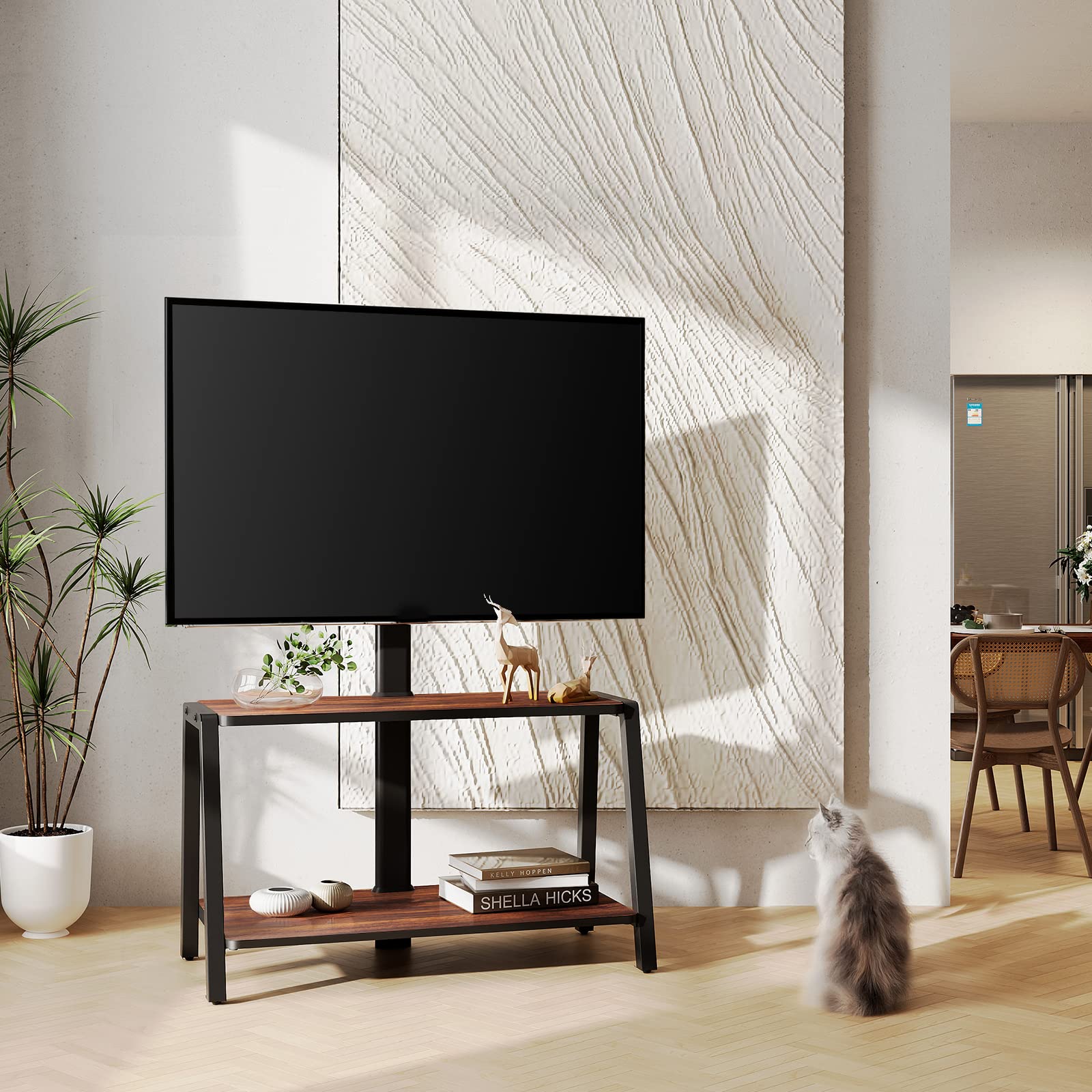 FITUEYES Wooden TV Stand for 32-55 Inch TVs with Mount, 2-Tier Entertainment Center with Storage Shelf - Tall Corner TV Stand for Bedroom & Living Room, Supports Up to 77lbs - Perfect for Flat Screen TVs, Gaming Consoles & Home Theater Setup