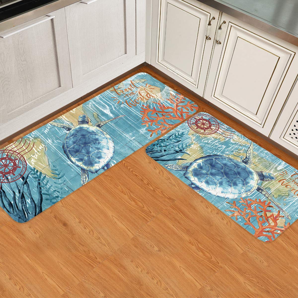 Premium Anti-Fatigue Kitchen Mat Set of 2 - Non-Slip Nautical Sea Turtle Design Floor Mats for Kitchen, Sink, Laundry & Home Office - Comfortable & Durable Ocean Animal Theme Rugs - Perfect for Cooking, Cleaning & Standing Long Hours