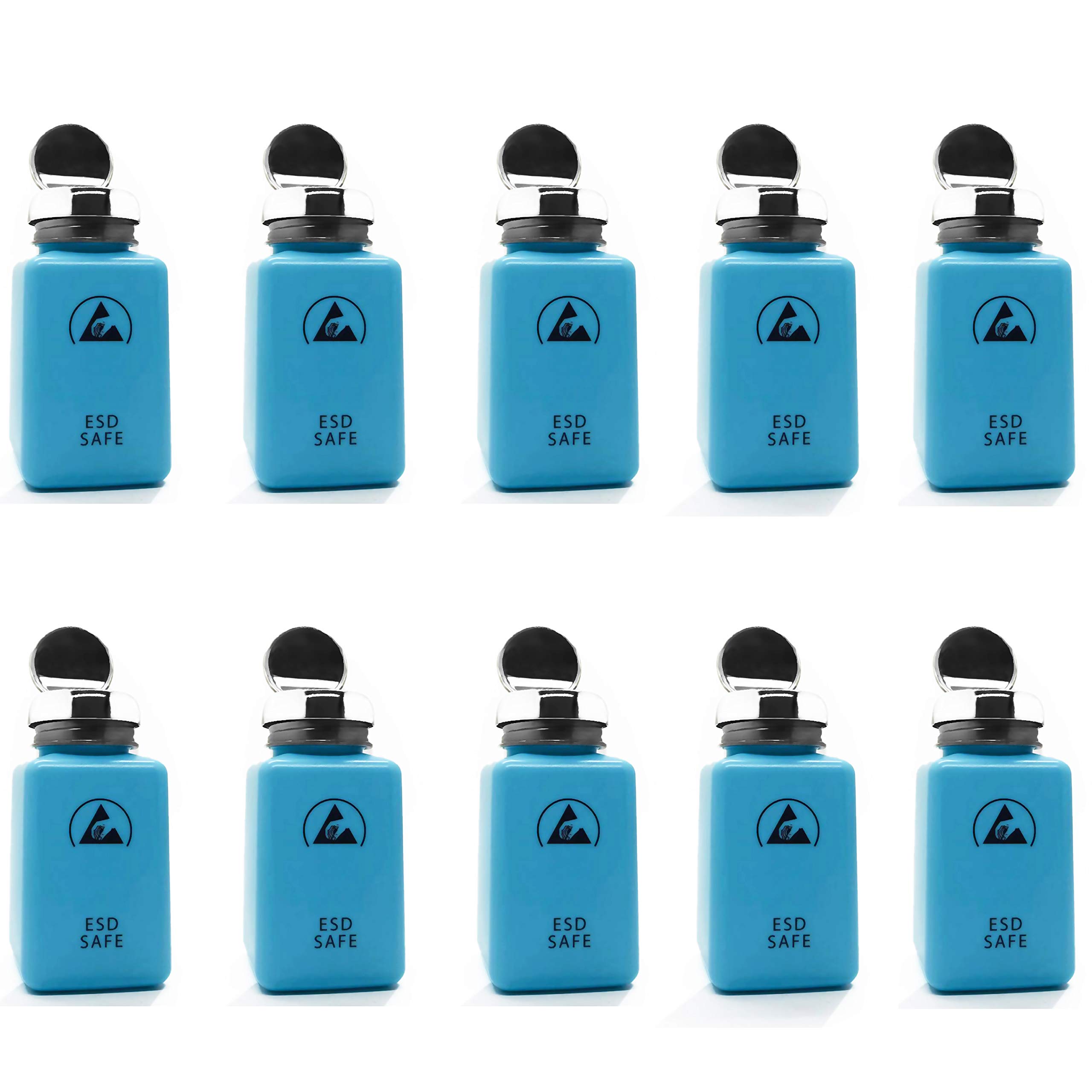 6 OZ ESD Safe Square Bottle with One Touch Stainless Steel Pump - Empty Plastic Dispenser for Alcohol, Nail Polish Remover & Cosmetics (Blue, Pack of 20) - Perfect for Salon, Lab & DIY Projects