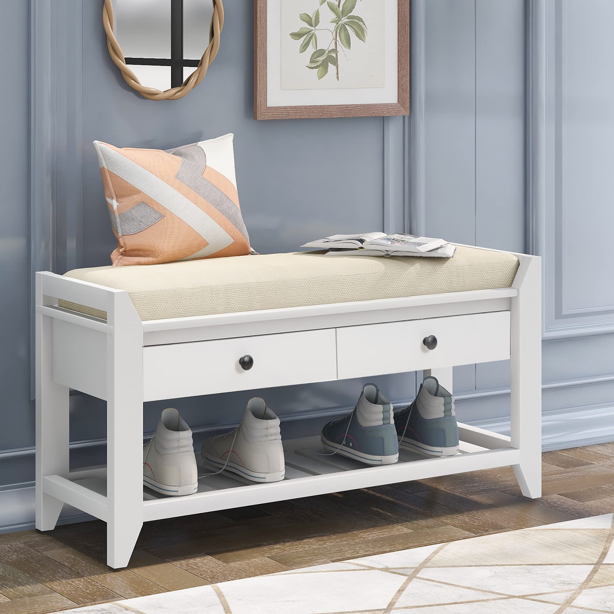 Multipurpose Storage Bench with Cushioned Seat & Drawers - White Entryway Shoe Rack Organizer for Hallway, Bedroom, or Mudroom Storage Solution