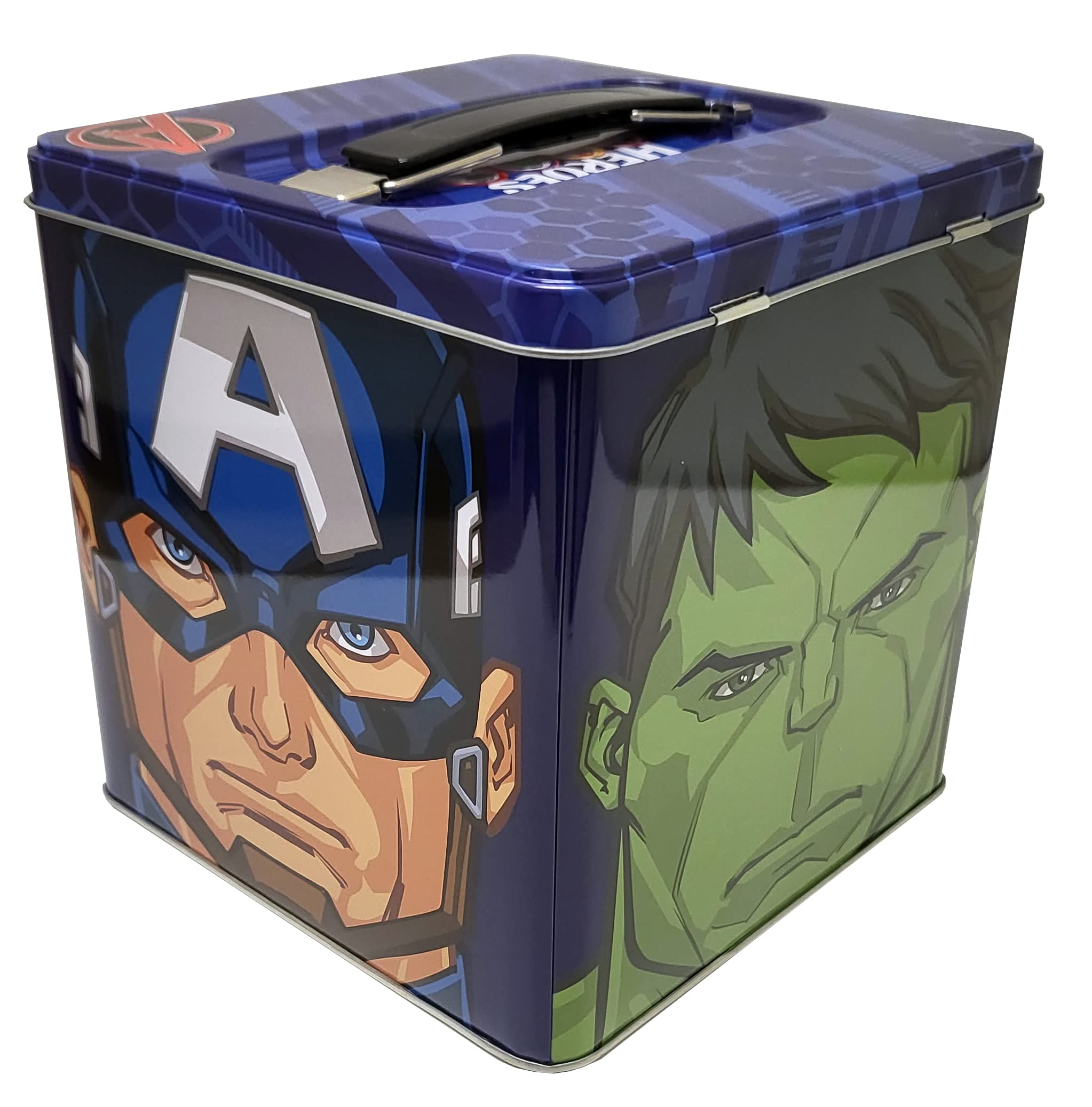 Marvel Avengers Stackable Storage Tin Box with Handle - Blue Superhero Collectible Organizer for Toys, Comics & Memorabilia | Perfect for Kids' Room, Office Desk & Gift Giving