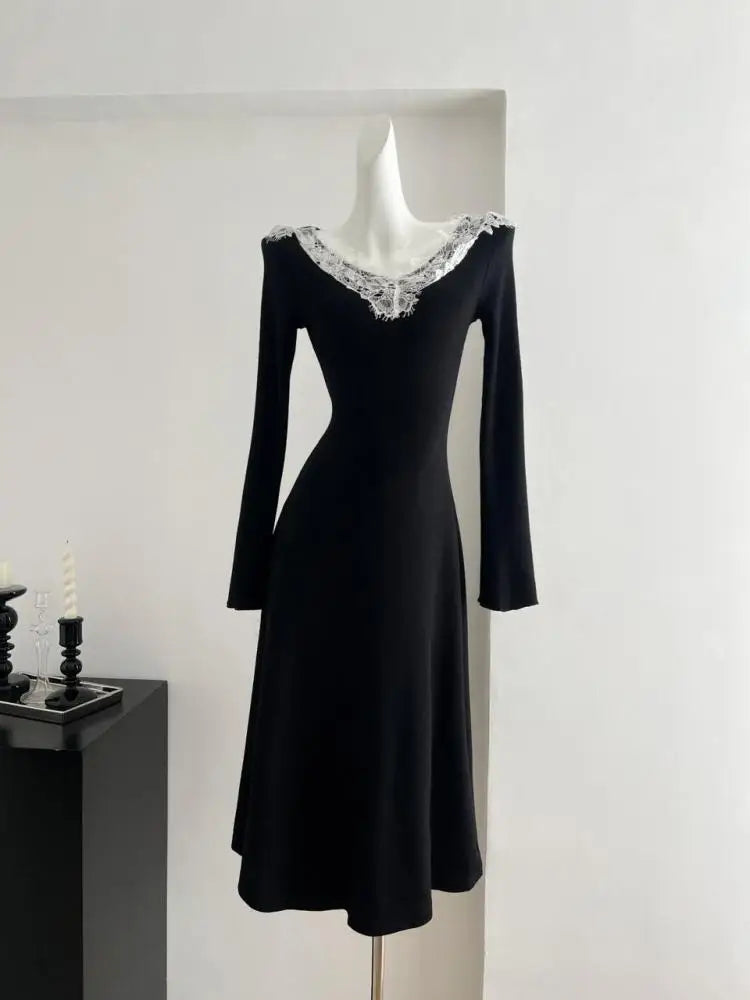 Elegant Black Patchwork Lace V-Neck Knitted Dress for Women - Slim Fit Long Sleeve Evening Gown for Fall Parties, Festivals & Special Occasions | Perfect for Cocktail Parties, Date Nights & Holiday Events