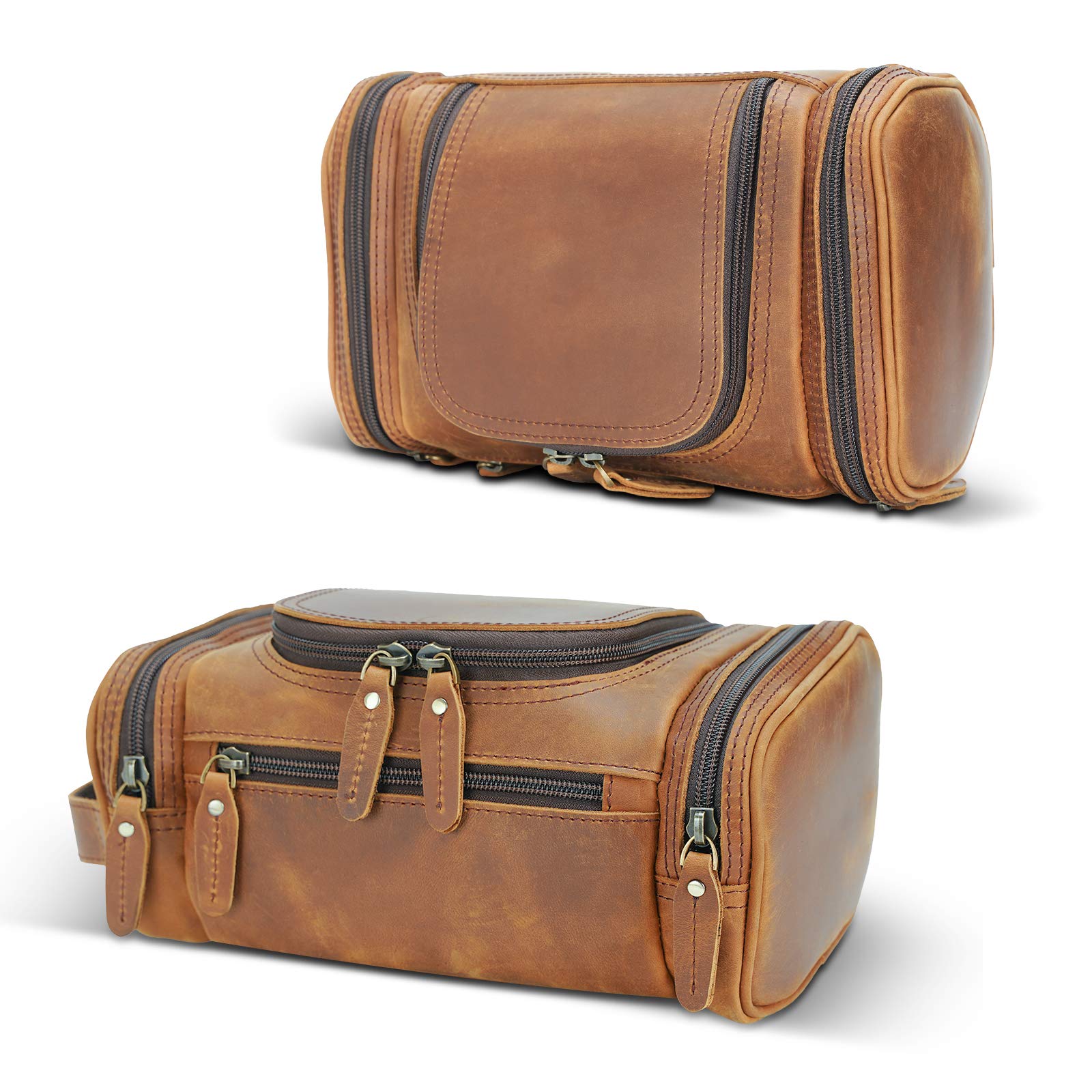 Premium Full Grain Leather Toiletry Bag for Men - Travel Shaving Kit & Dopp Kit with YKK Zippers - Ideal for Business Trips, Gym & Vacation Essentials Organization