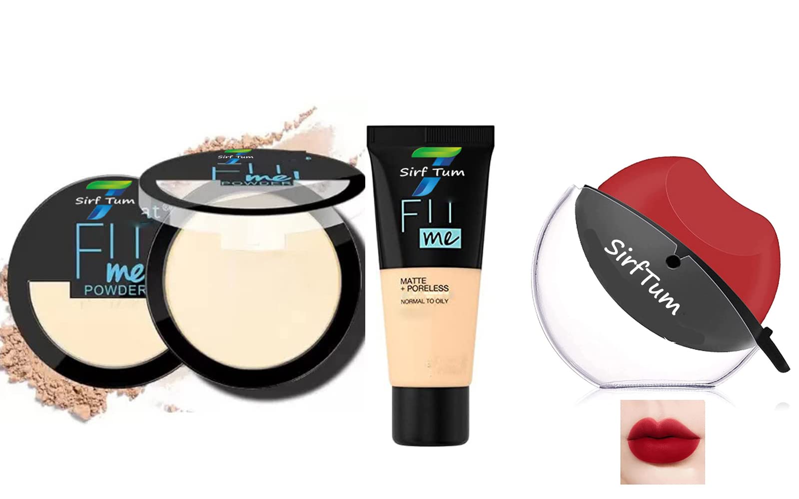 FII KISS YOU ME SKIN Matte Pore-less Compact Powder - Oil Control & All Day Matte Finish Makeup - Liquid Foundation & Apple Shape Red Lipstick Set for Flawless Skin | Perfect for Daily Wear, Parties & Special Occasions
