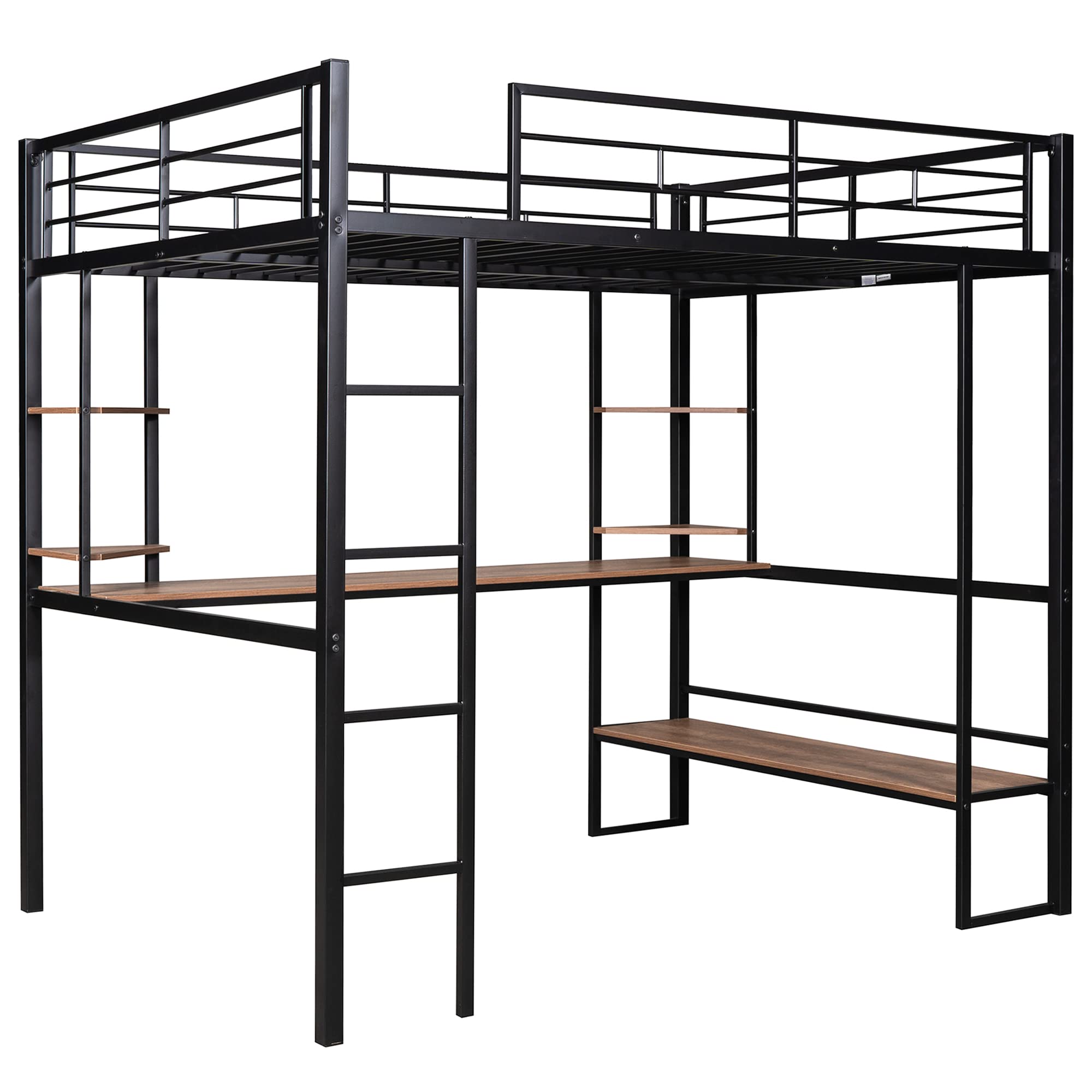 Full Size Loft Bed with Desk & Shelves - Sturdy Metal Frame, No Box Spring Needed - Black - Perfect for Small Bedrooms, Dorm Rooms & Home Offices
