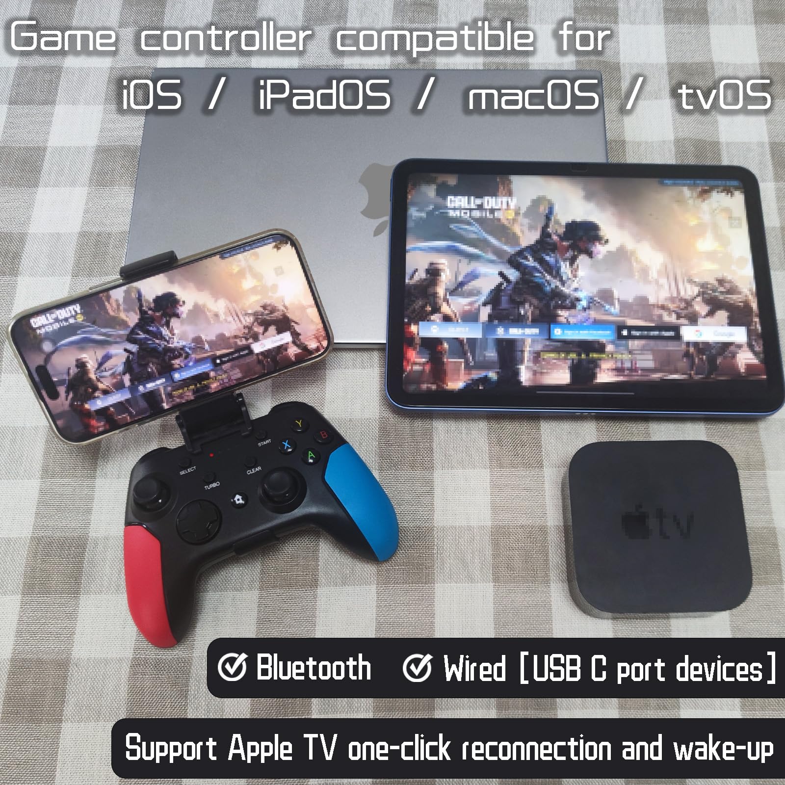 Wireless Bluetooth Controller for iPhone, Android, Switch, PC - Gaming with Dongle & Phone Clip