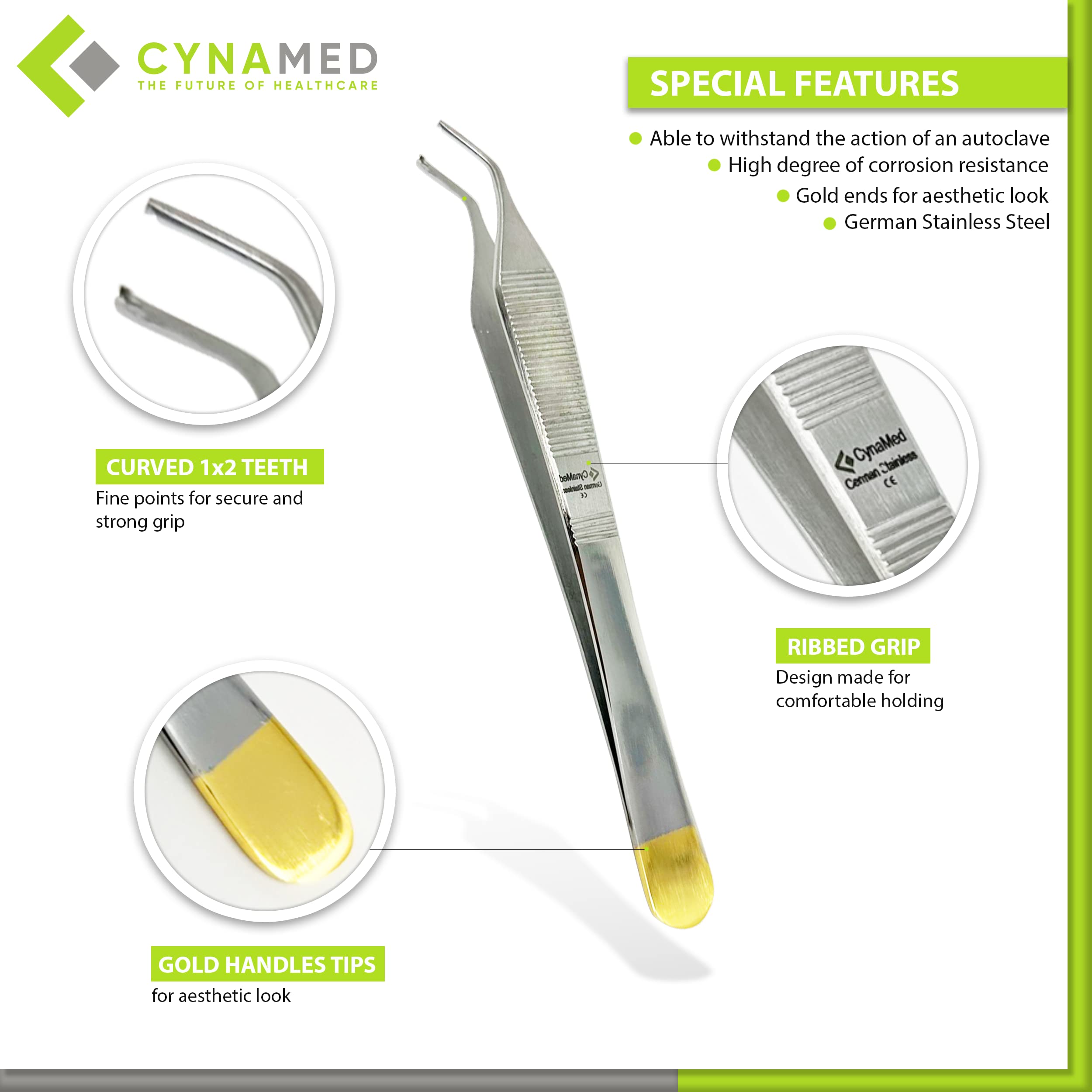 Cynamed Adson Forceps with Gold Handle - 6 Inch Straight Fine Point Surgical Forceps for Veterinary & Medical Use (1x2 Teeth, Curved) - Ideal for Precision Grasping in Surgery, Wound Care & Laboratory Procedures