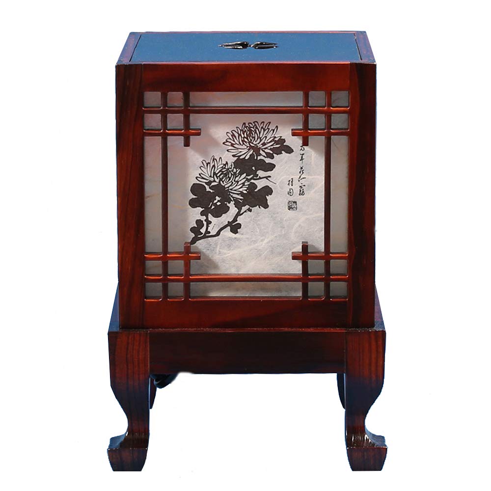 Handmade Antique Korean Wooden Table Lamp - Traditional Four Noble Beings Window Design, Asian Art Deco Lantern for Bedroom, Living Room & Office Decor - Unique Brown Oriental Carved Wooden Light Fixture