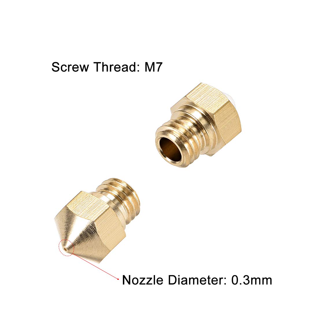 uxcell 5pcs Brass 3D Printer Nozzle 0.3mm, M7 Extruder Print Head Compatible with 1.75mm Filament - Perfect for High-Precision 3D Printing & Miniature Model Creation