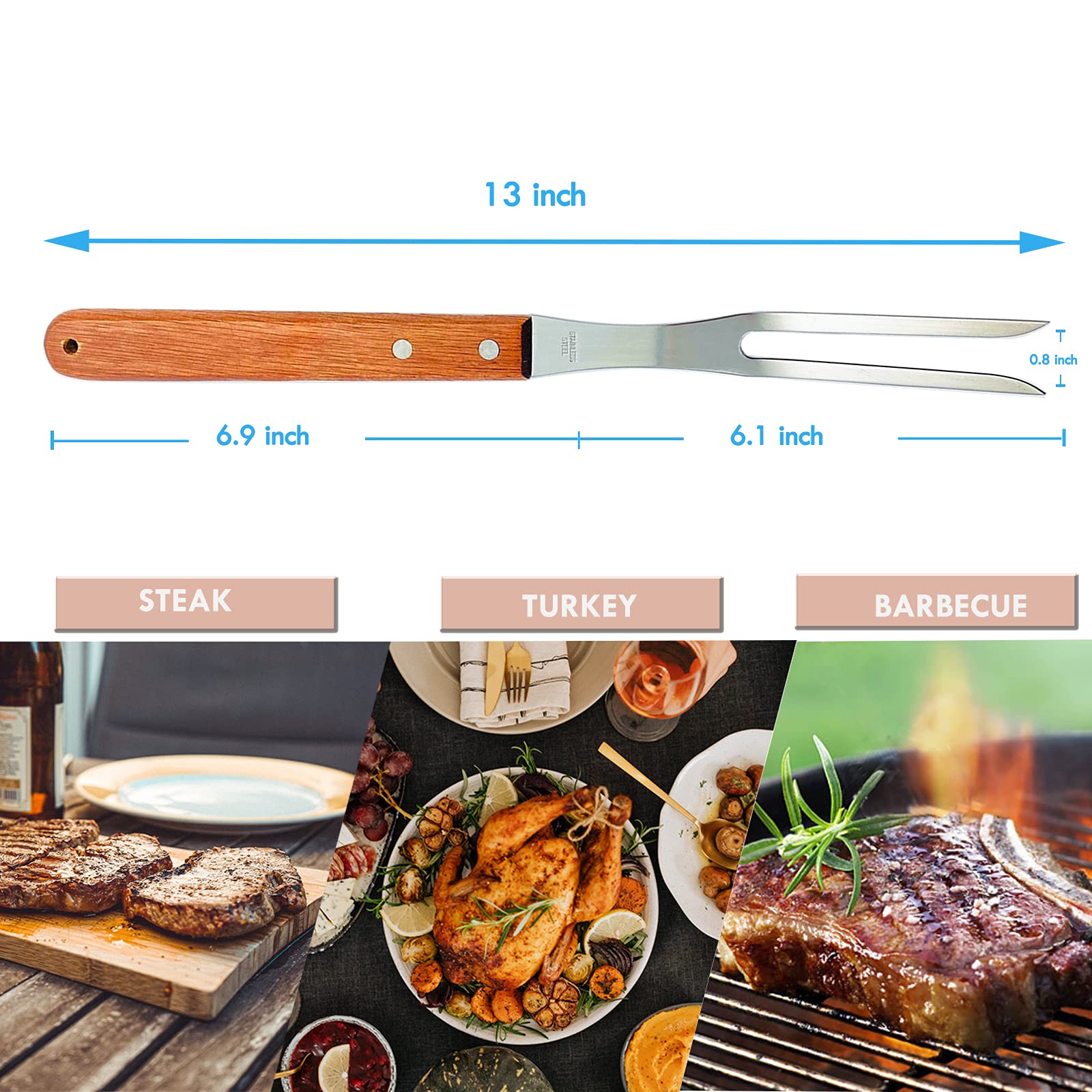 2 Pack 13 Inch Stainless Steel Carving Forks with Wooden Handle - Heavy Duty BBQ Forks for Grilling, Roasting, Serving Meat - Perfect for Outdoor Cooking, Camping, and Holiday Dinners