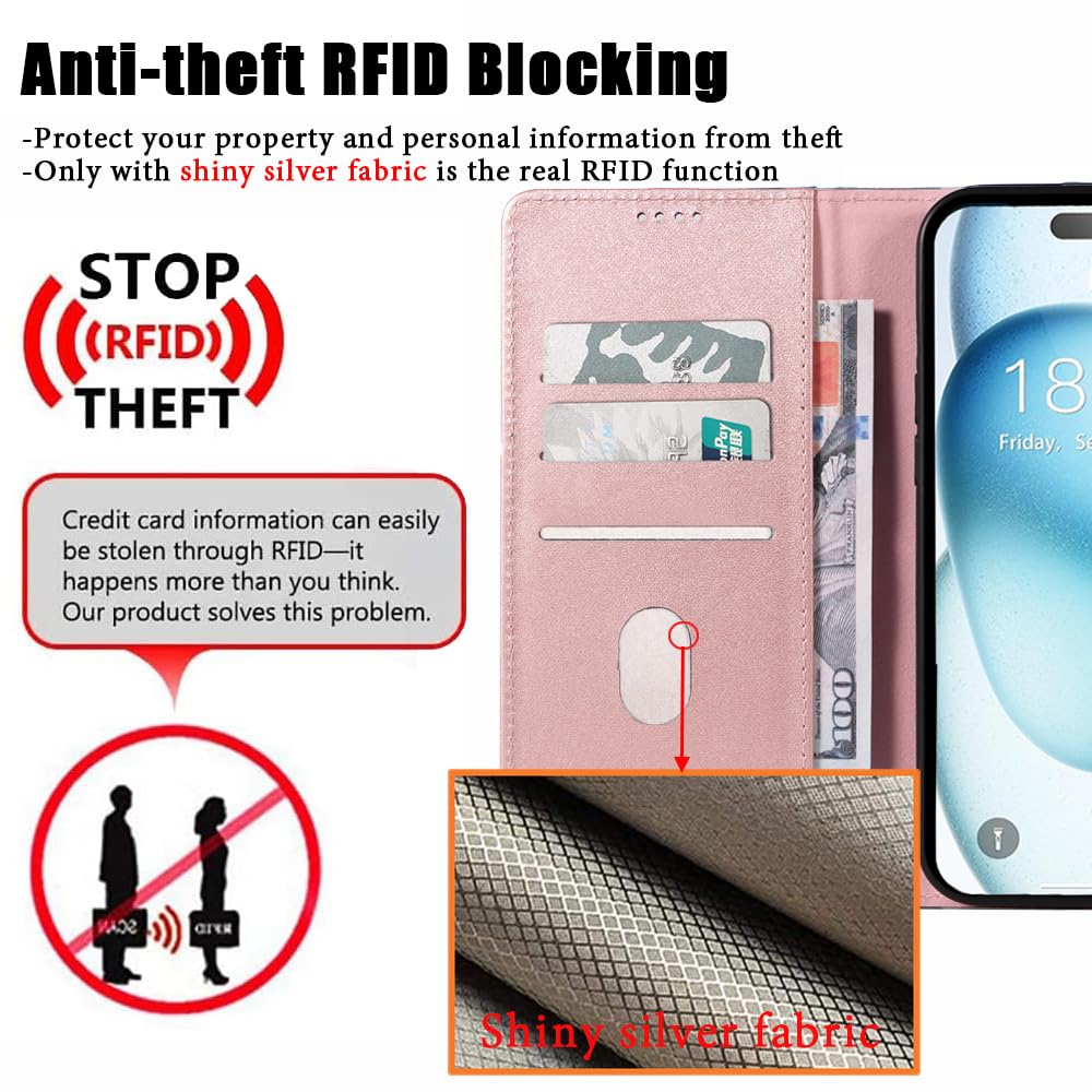Premium Genuine Leather iPhone 15 Wallet Case with RFID Blocking, Kickstand & Magnetic Closure - Anti-Theft Credit Card Holder for Cash & Cards (Rose Gold) - Perfect for Travel, Work & Daily Protection