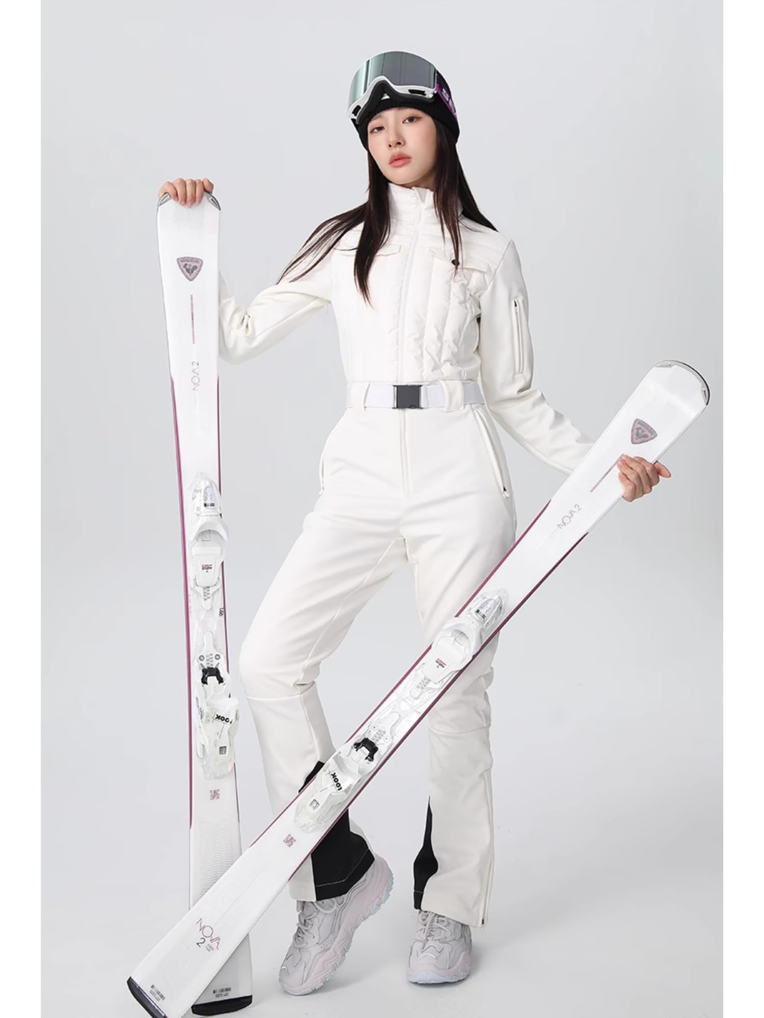 Women's Insulated Down Slim Snowboard Jumpsuit - Waterproof Winter Ski Suit with Stand Collar & Elastic Belt | Warm One-Piece Snowsuit for Skiing, Snowboarding & Cold Weather Outdoor Activities