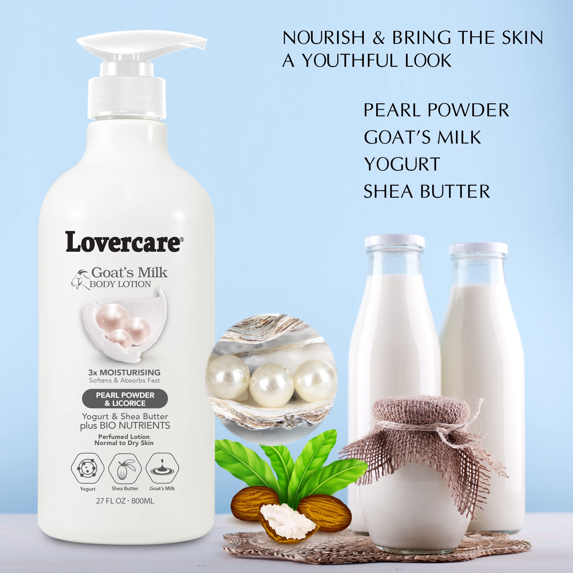 Lover's Care Goat Milk Body Lotion for Dry Skin - 27.05oz (800ml) Ultra Hydrating Moisturizer with Pearl Extract | Combo Pack Includes Body Wash | Perfect for Winter Skincare & Sensitive Skin Care Routine