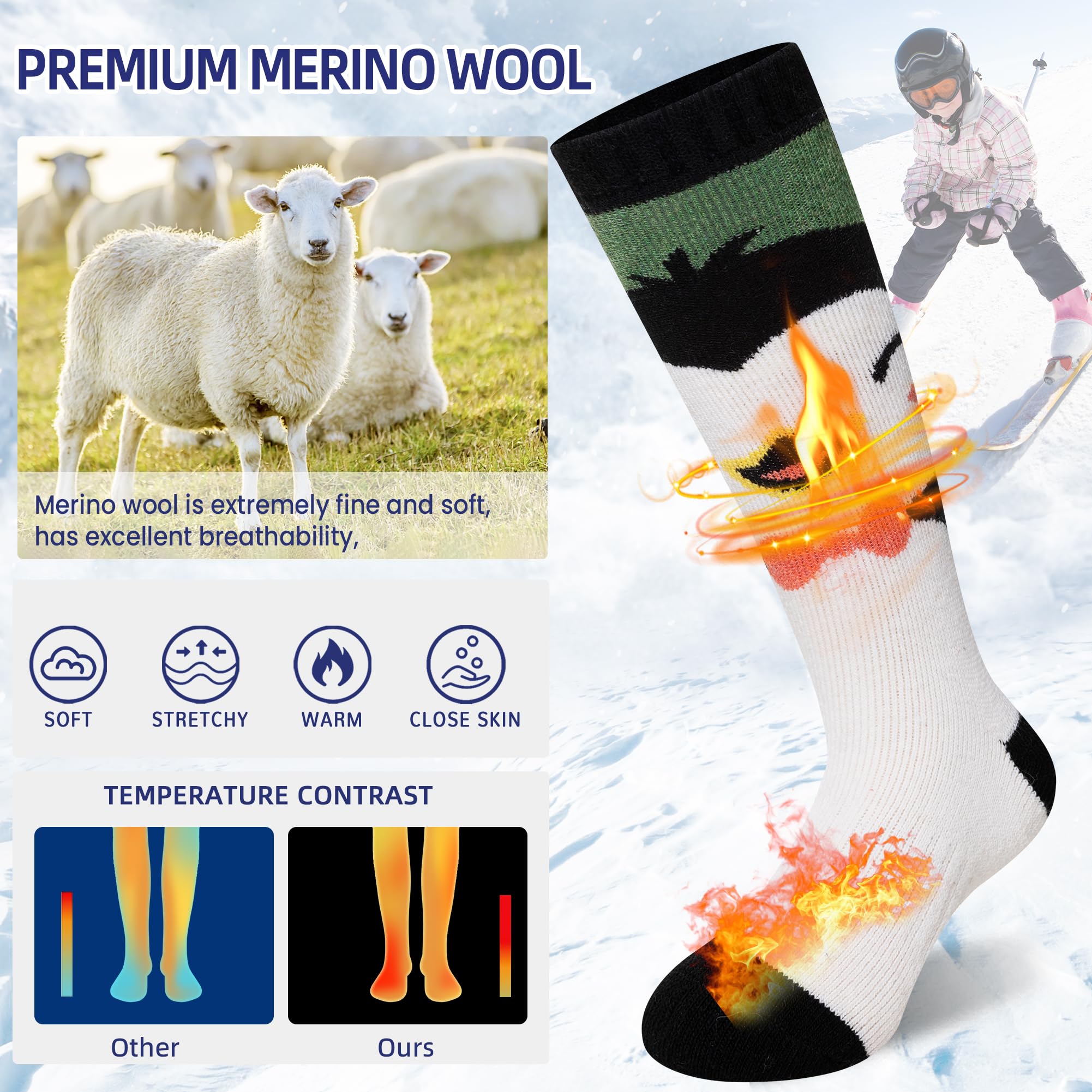 Kids Merino Wool Ski Socks - Winter Warm Thermal Hiking & Snowboarding Knee High Socks for Toddler Boys & Girls (2 Pairs) - Perfect for Cold Weather Outdoor Activities & Winter Sports