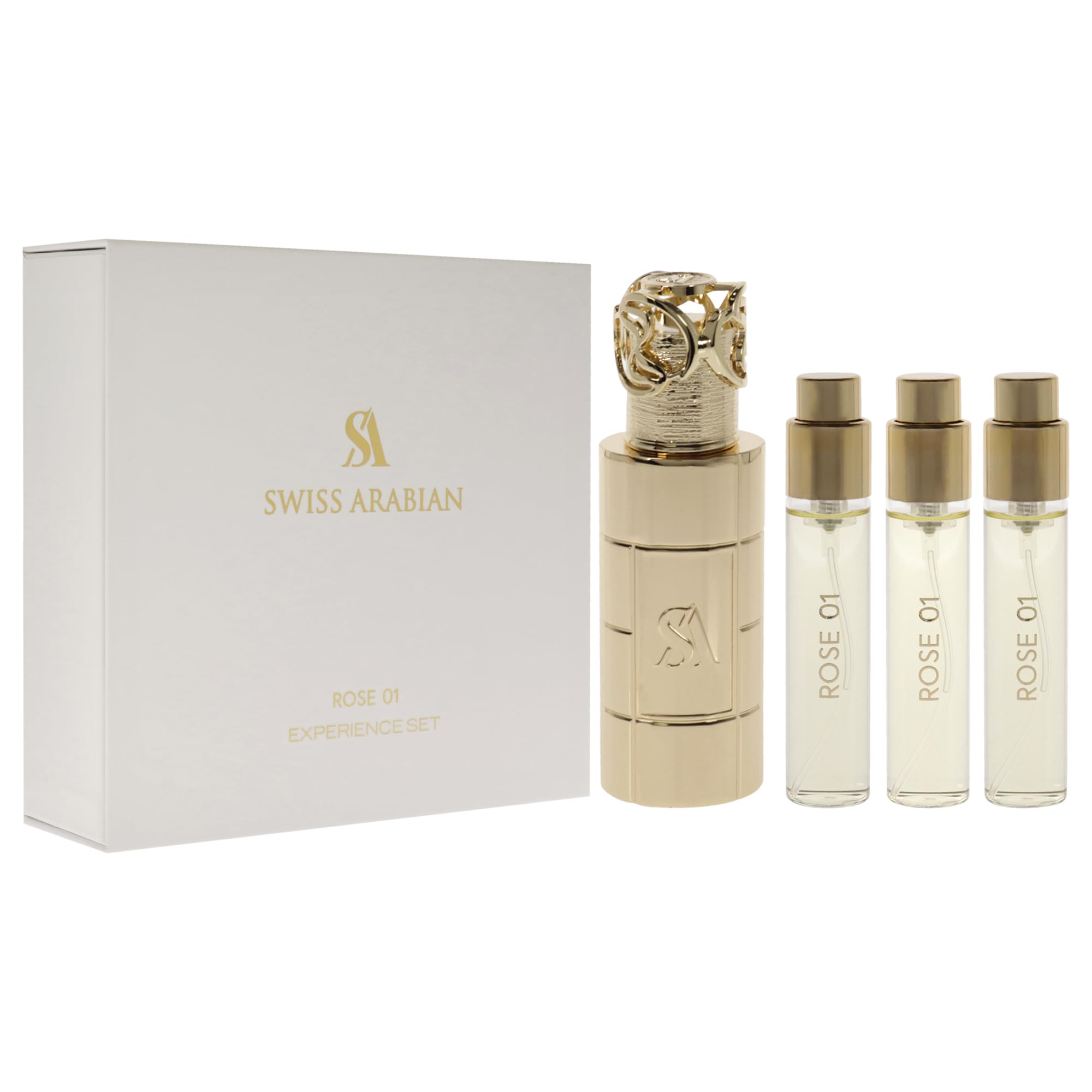 Swiss Arabian Rose 01 Perfume Gift Set for Women & Men - Long Lasting Floral Scent with Rose & Vanilla Notes - 3 Bottles with Travel Case (4pc) - Perfect for Holidays, Birthdays & Romantic Gifts