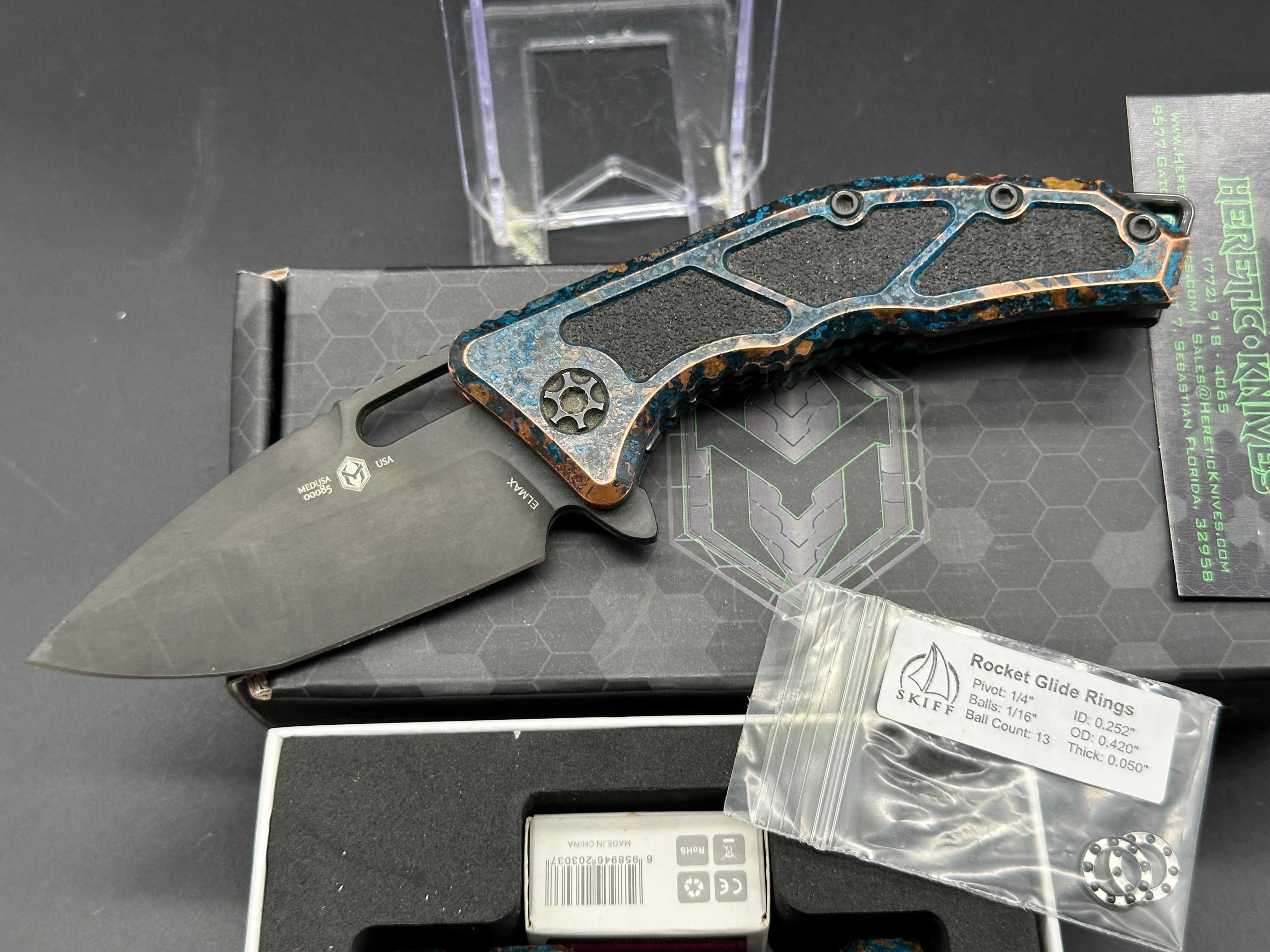 Heretic Knives Medusa Flipper Folding Knife & Mechforce Tactical Flashlight Set with Chemtina Finish - EDC Gear for Camping, Hiking, Survival and Outdoor Adventures