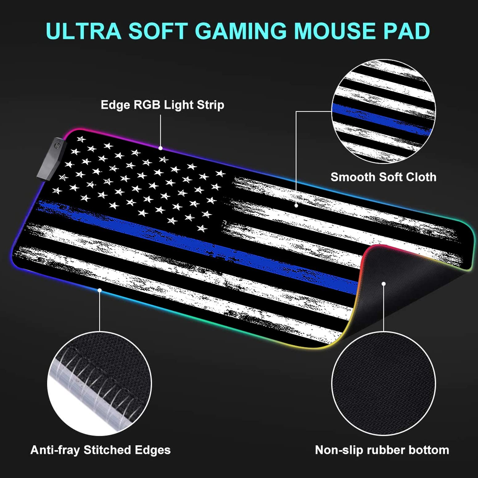 RGB Gaming Mouse Pad with LED Lights - Large Non-Slip Desk Mat for Keyboard & Mouse | Waterproof Optical Surface | Perfect for PC Gaming, Office Work & Streaming Setup | Retro Thin Blue Line American Flag Design