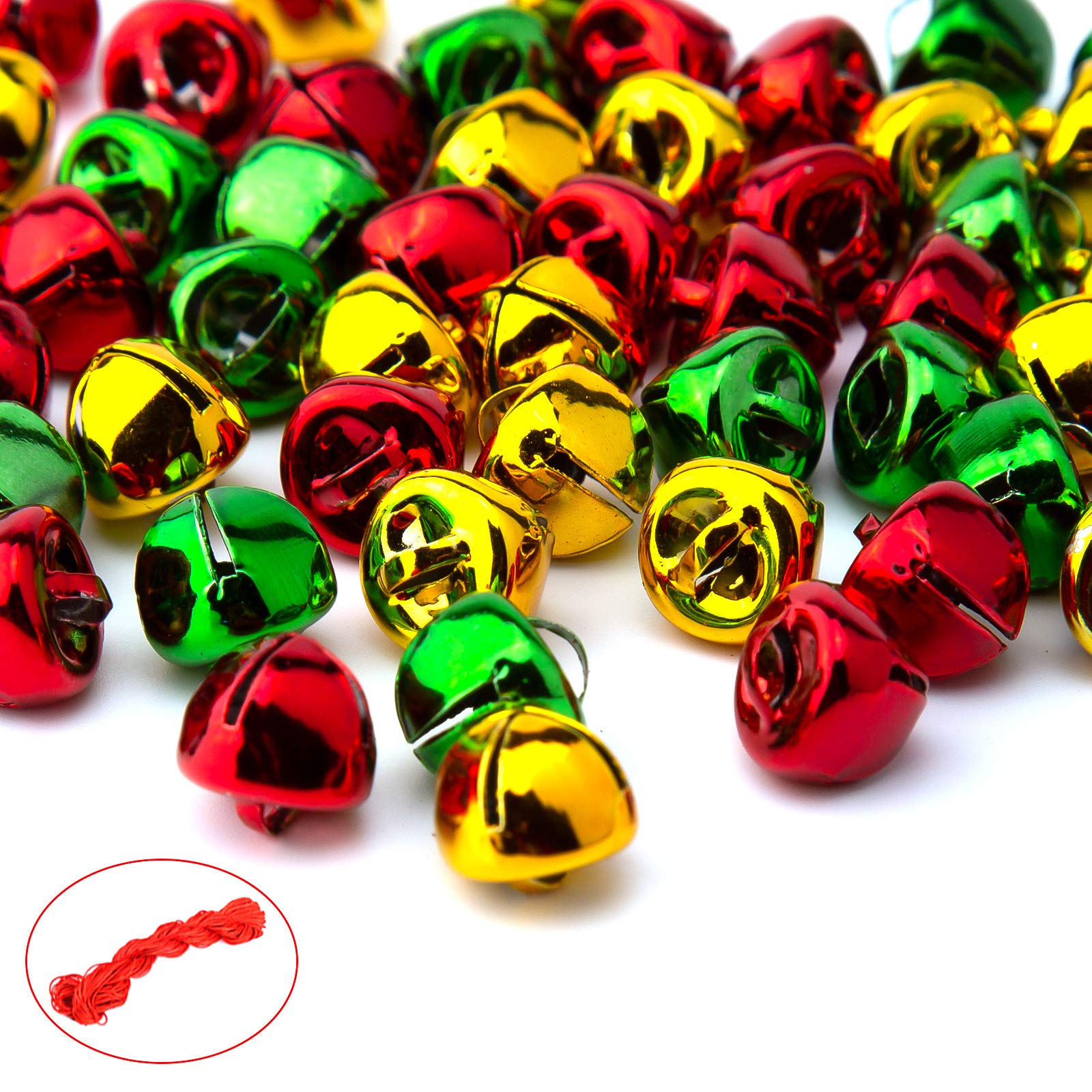 SAVITA 240Pcs Christmas Jingle Bells (0.5inch) - 80Pcs Red, Gold, Green Bells with 20m Red Rope for DIY Crafts, Wreath Making, Holiday Decorations, Necklace Jewelry, Home Party & Gift Wrapping Supplies