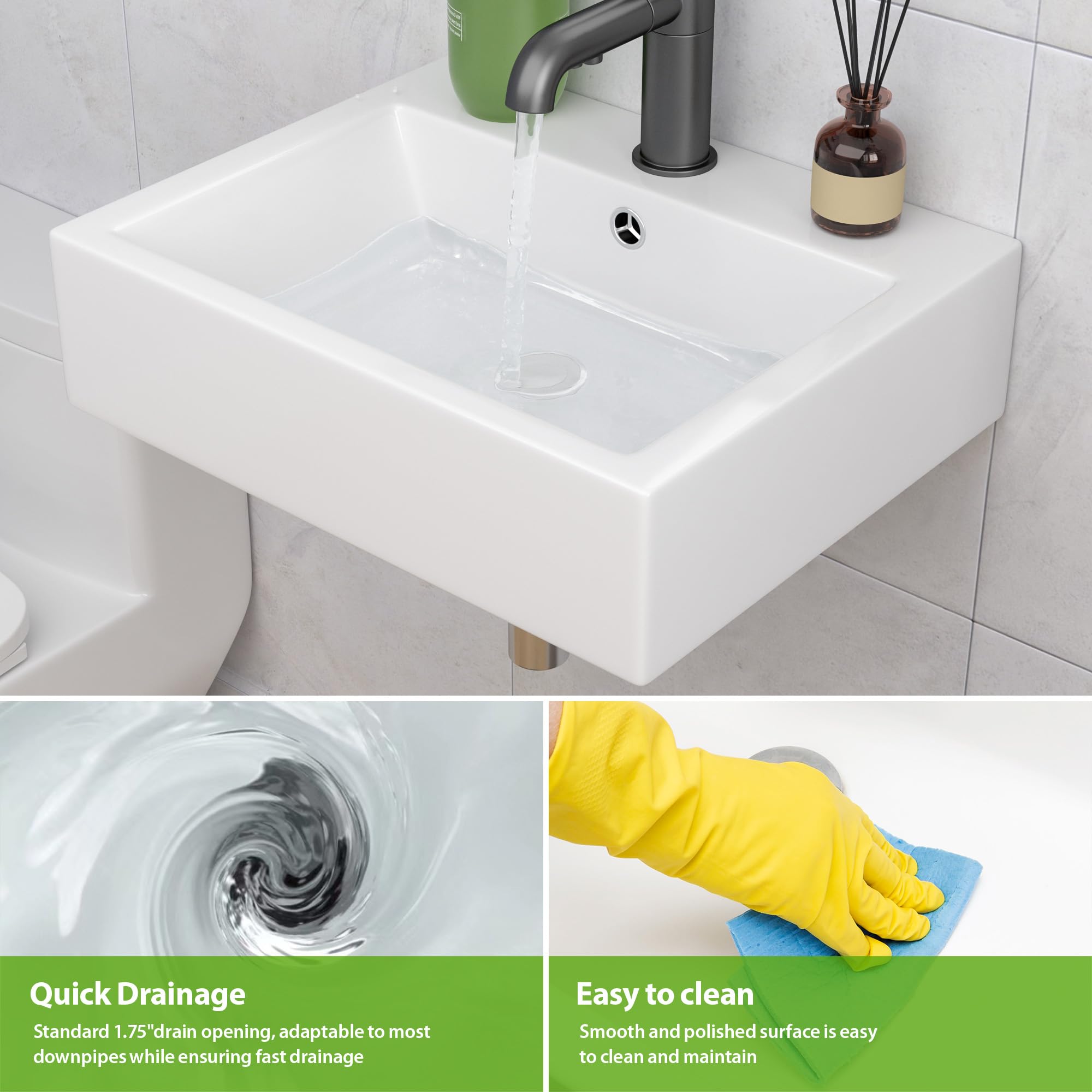 Lepuday 22x18 Inch White Ceramic Wall Mount Sink - Floating Vessel Bathroom Sink, Rectangle Wall Hung Basin for Modern & Space-Saving Bathroom Design