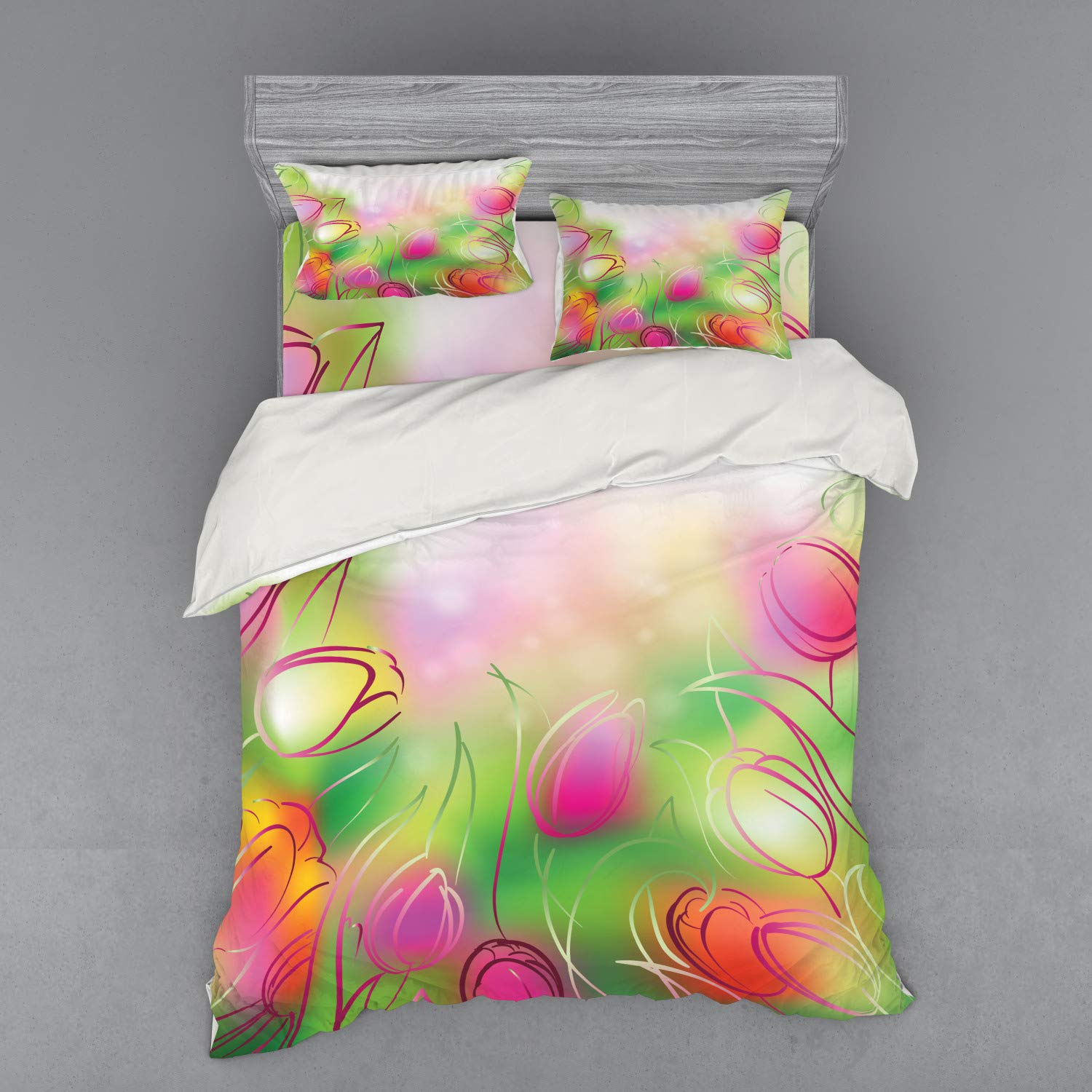 Ambesonne Floral Duvet Cover Set - Modern Tulip Silhouette Design on Dreamy Background, 4-Piece Queen Size Bedding Set with Shams & Fitted Sheet in Pink & Green | Perfect for Urban Home Decor, Guest Room Makeover & Cozy Bedroom Upgrade