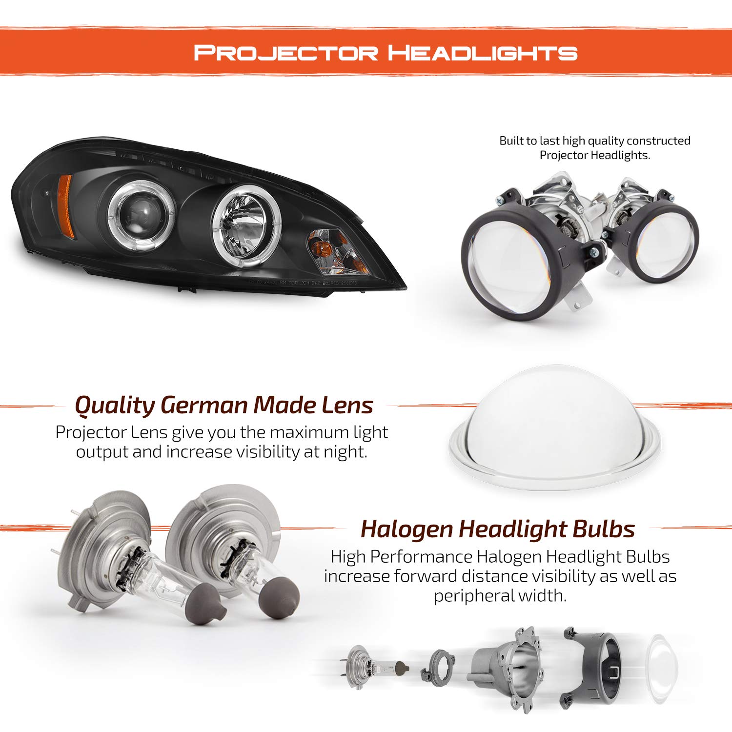 AKKON Replacement Headlights for Chevy Impala & Monte Carlo - Black Bezel Halo Ring Projector Headlamps (Left/Right Pair) - Upgrade Your Night Driving Safety & Style