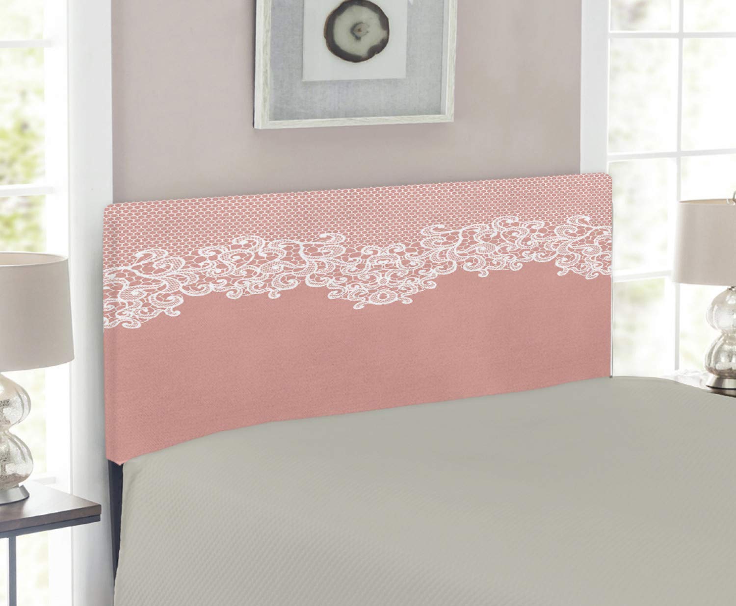 Ambesonne Peach Upholstered Headboard - Abstract Lace Design Floral Metal Bed Frame with Memory Foam, Twin Size, Coral White - Perfect for Wedding Inspiration, Engagement Decor & Bedroom Makeover