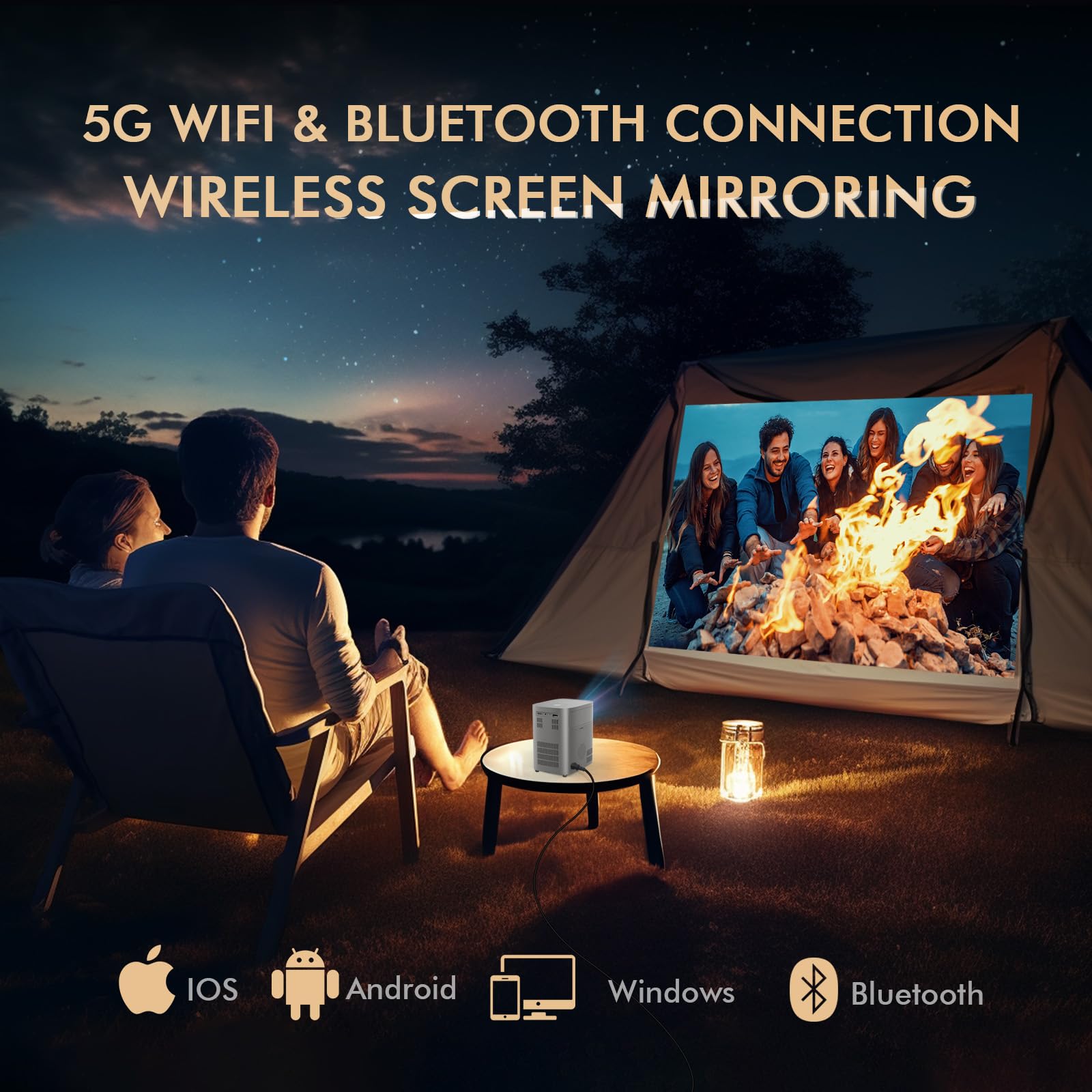 Mini Projector with Electric Focus, Android TV 9.0, WiFi & Bluetooth, Dual Hi-Fi Speakers, Max 300