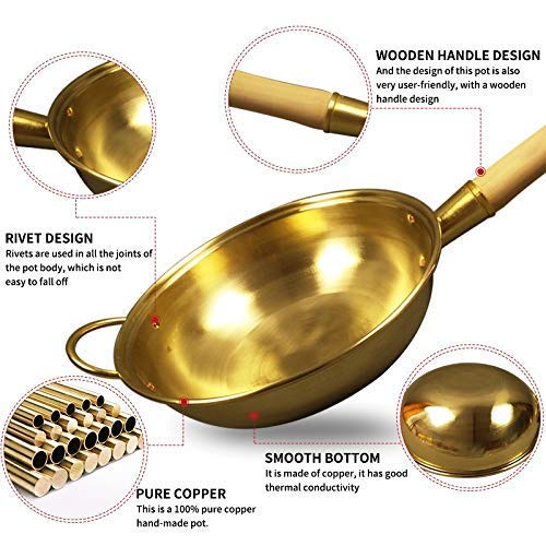 **Pure Copper Wok Pan - 34cm Thickened Brass Frying Pan with Wooden Handle - Professional Cookware for Stir-Fry, Sauté & Deep Frying - Ear Copper Pot for Home & Restaurant Use**