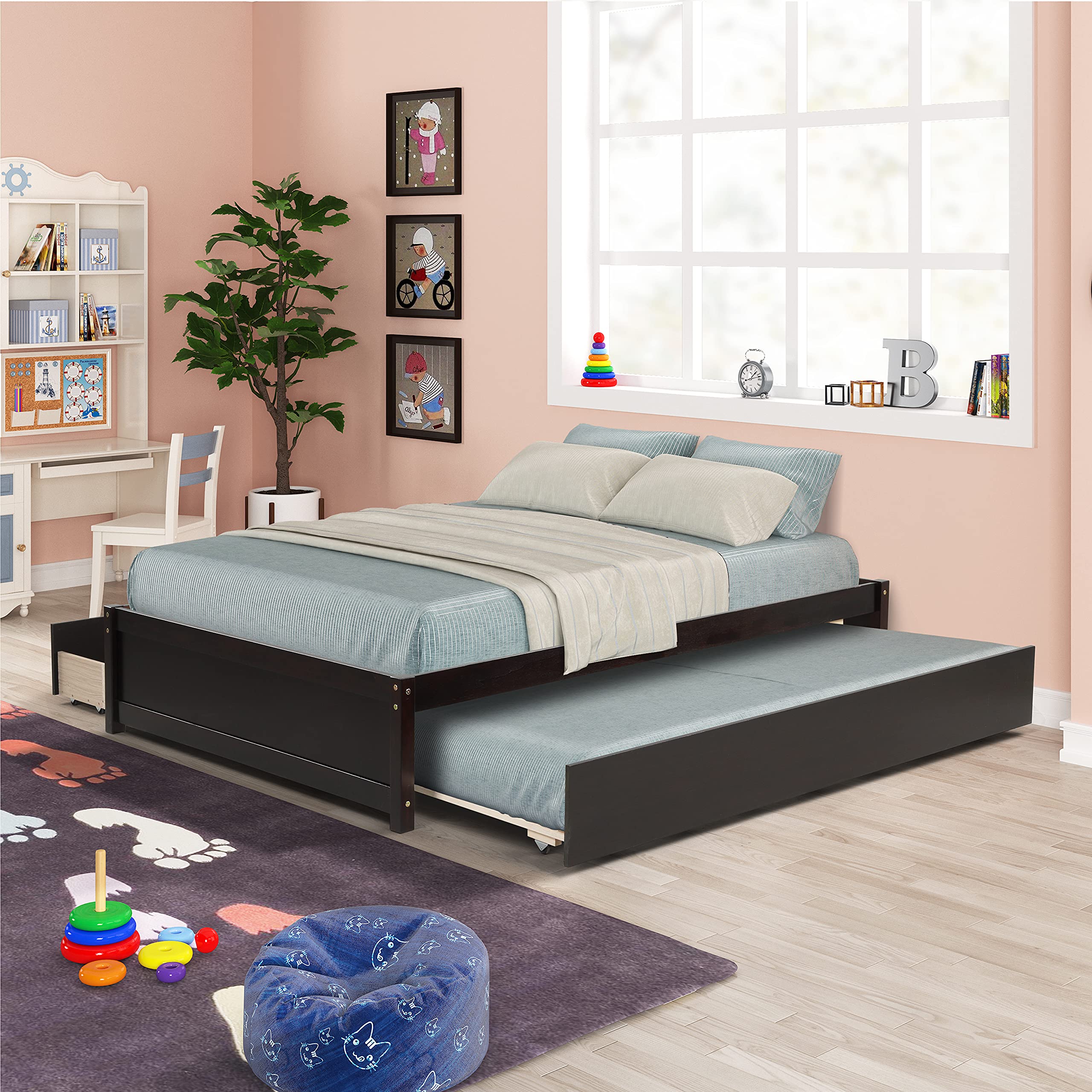 Full Size Platform Storage Bed Frame with Twin Trundle & 2 Drawers - Solid Wood Espresso Finish | Space-Saving Bedroom Solution for Guest Rooms & Small Apartments