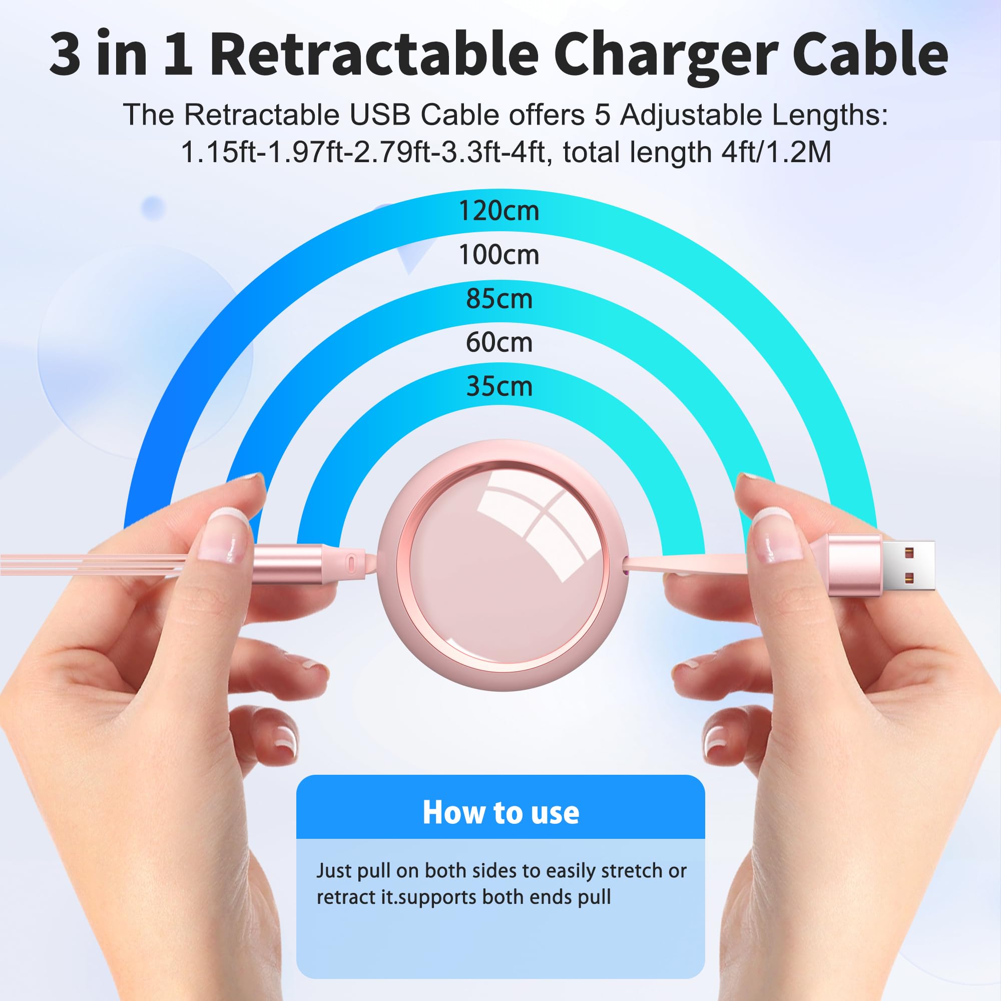 Vuanke 3-in-1 Retractable Charging Cable - Fast USB to iPhone/Type C/Micro USB Adapter - Compatible with iPhone 14, Galaxy S24/S23, iPad - Portable Multi Charger for Travel, Home & Office (Pink)