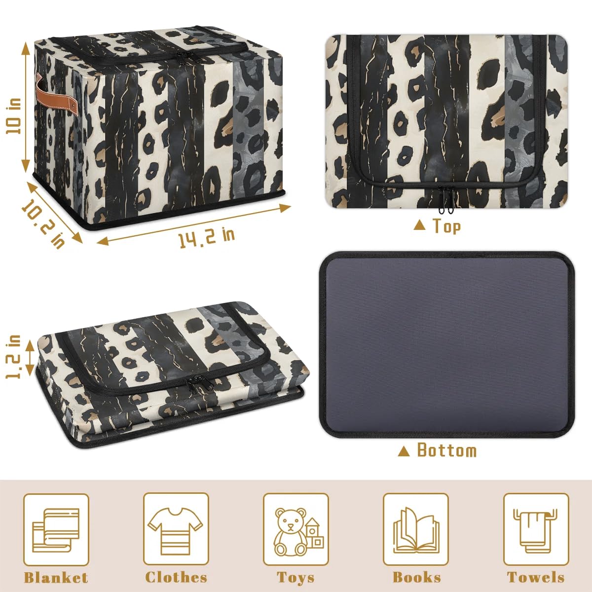 Abstract Leopard Print Collapsible Stackable Storage Bins with Lids - Fabric Closet Organizer for Clothes, Toys, Blankets - Foldable Home Storage Baskets for Bedroom, Nursery & Living Room Organization