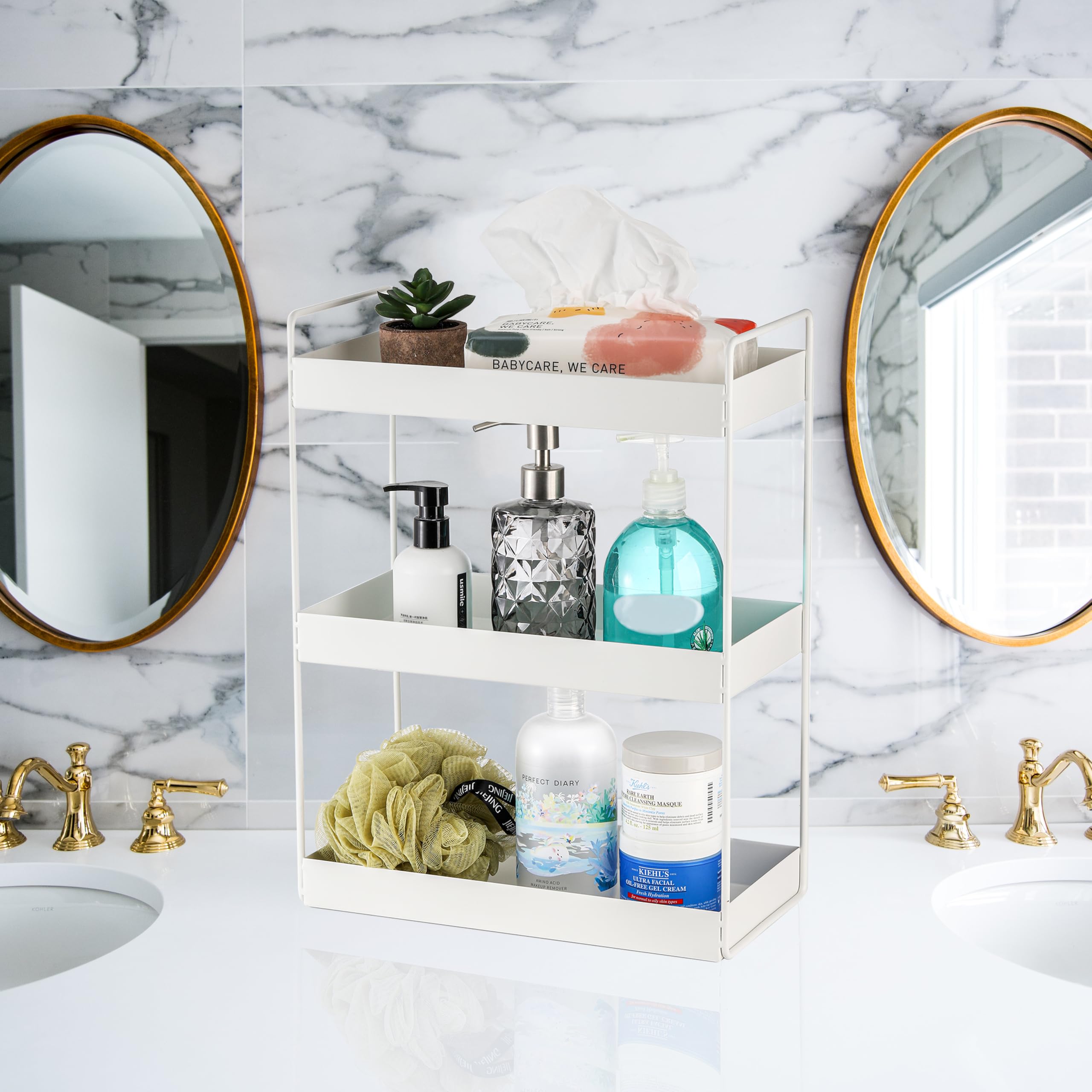 Elsjoy 3-Tier White Metal Countertop Organizer Shelf - Cosmetic & Makeup Vanity Tray, Bathroom Storage Rack, Kitchen Spice Organizer - Perfect for Skincare Display, Countertop Organization & Small Space Storage