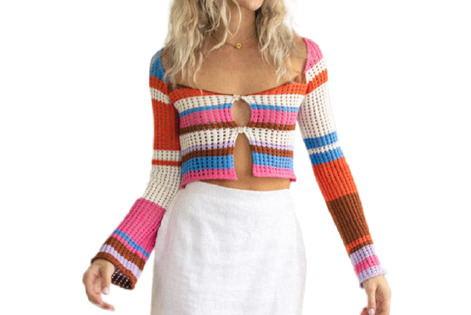Y2K Women's Crochet Knit Long Sleeve See-Through Pullover Sweater | 90s Vintage Knitted Crop Top | Streetwear Fashion | Perfect for Music Festivals & Boho Outfits