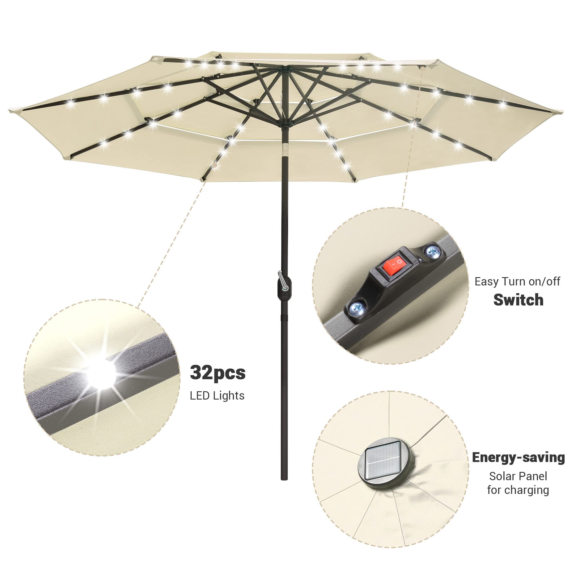 Solar LED Patio Umbrella 10FT 3-Tier UV70+ with Crank & Light - for Pool, Backyard, Outdoor Parties