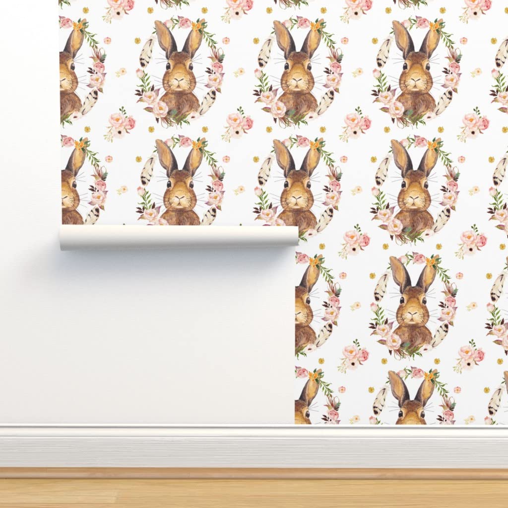 Premium Bunny White Baby Girl Woodland Roses Floral Wallpaper - 27ft x 2ft Commercial Grade Peel & Stick - Perfect for Nursery, Bedroom & Kids Room Decor