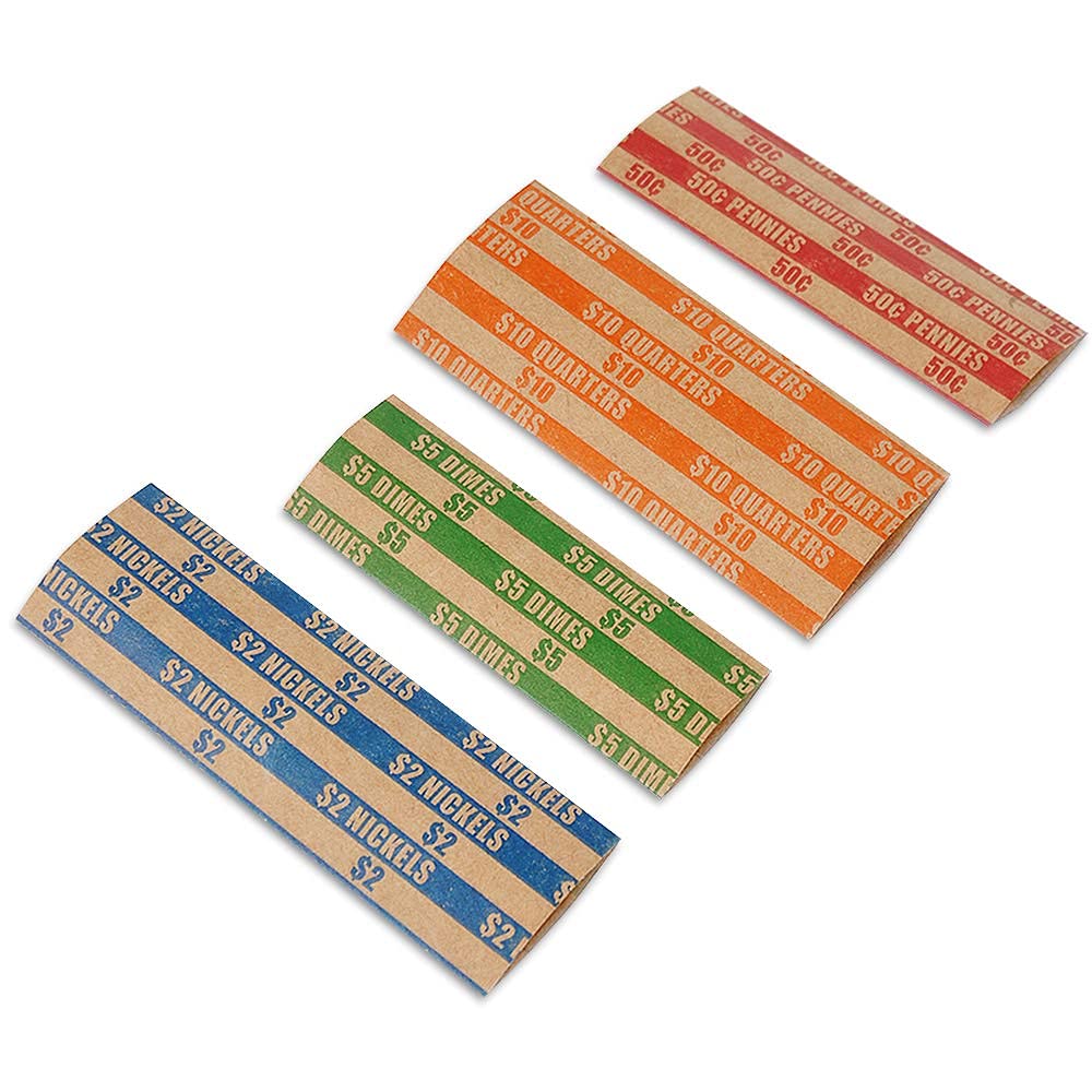 400-Piece Assorted Flat Coin Wrappers for Quarters, Dimes, Nickels & Pennies - Pre-Cut & Stripped Bank Roll Paper - Perfect for Coin Collectors, Banks & Cash Handling Businesses (100 of Each Denomination)