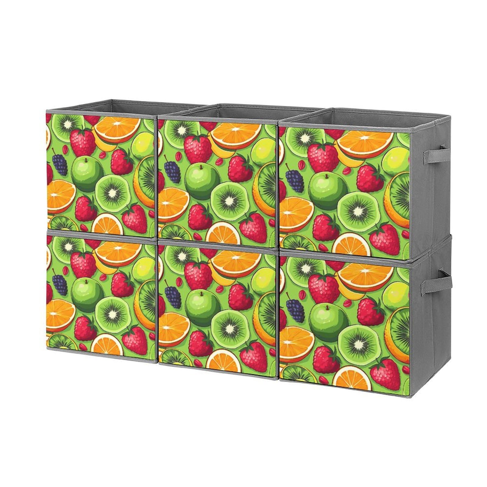 6-Piece Collapsible Storage Bins with Handles - Printed Fruit Design Foldable Organizing Baskets for Kitchen, Pantry, Shelves & Home Organization - Perfect for Storing Fruits, Vegetables, Toys & Household Items