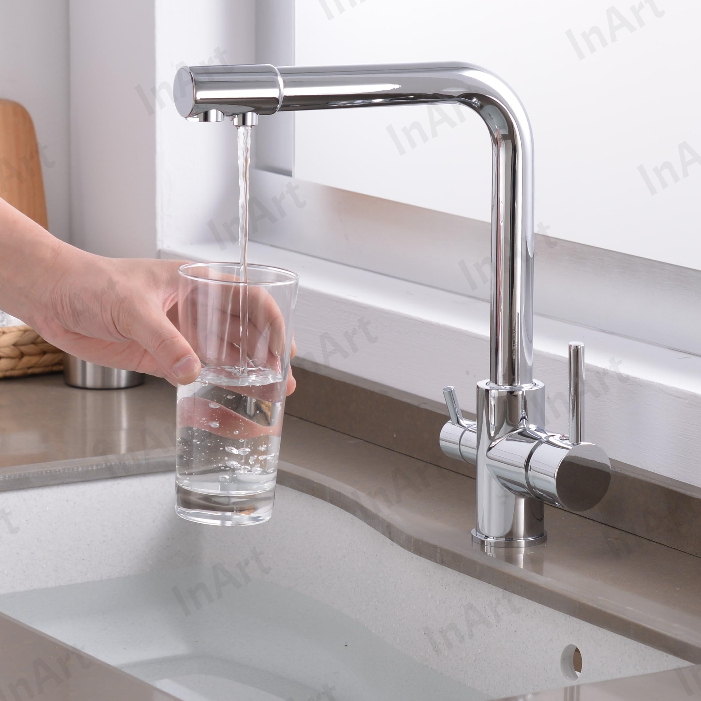 High-Quality InArt Kitchen Sink Faucet with 360° Swivel Spout | Brass Construction | 3-Way Water Filter | Dual Lever Control | Deck Mounted Chrome Finish | Perfect for Modern Kitchens & Food Prep Areas