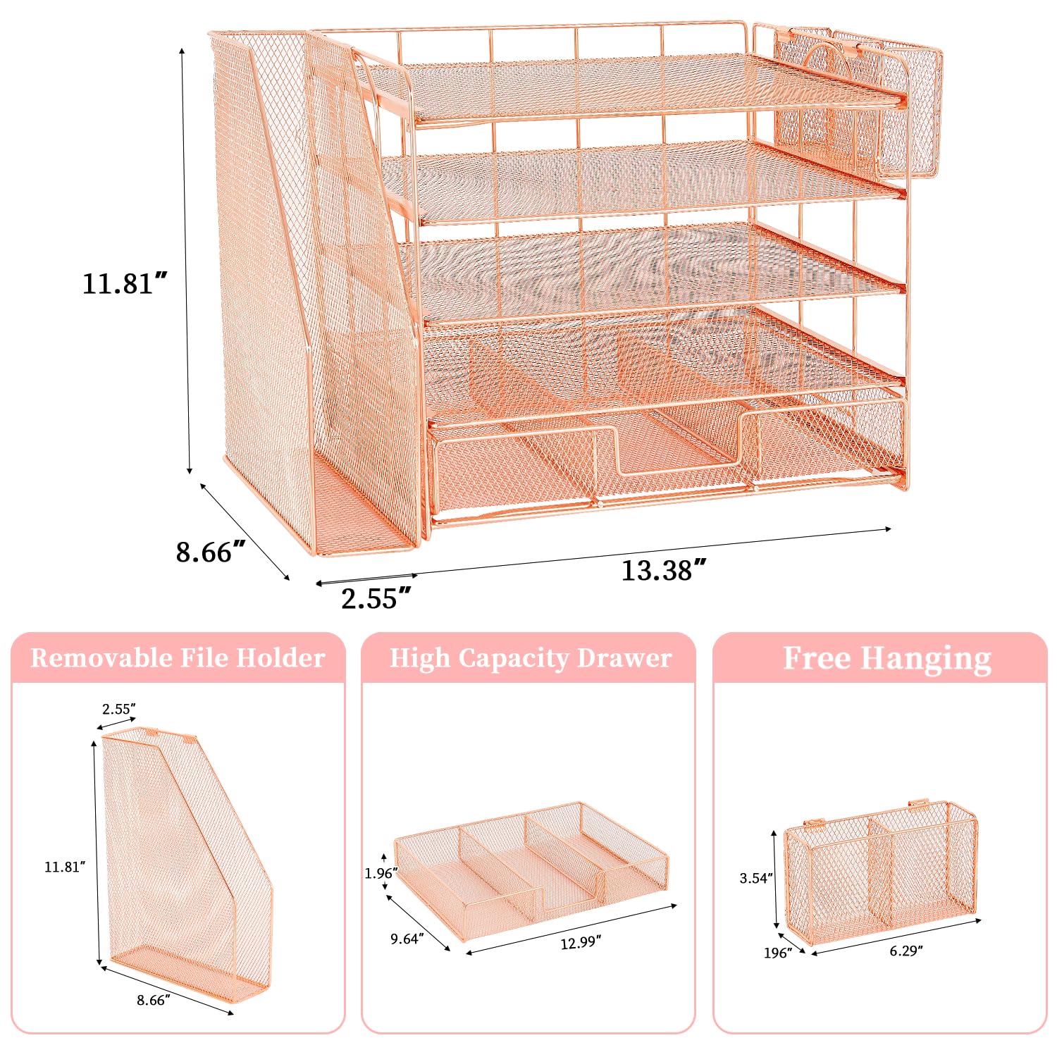 5-Tier Desk Organizer with File Holder, Drawer & Pen Storage - Rose Gold Paper Letter Tray for Office Organization | Perfect for Women's Workspace, Home Office & School Supplies Management