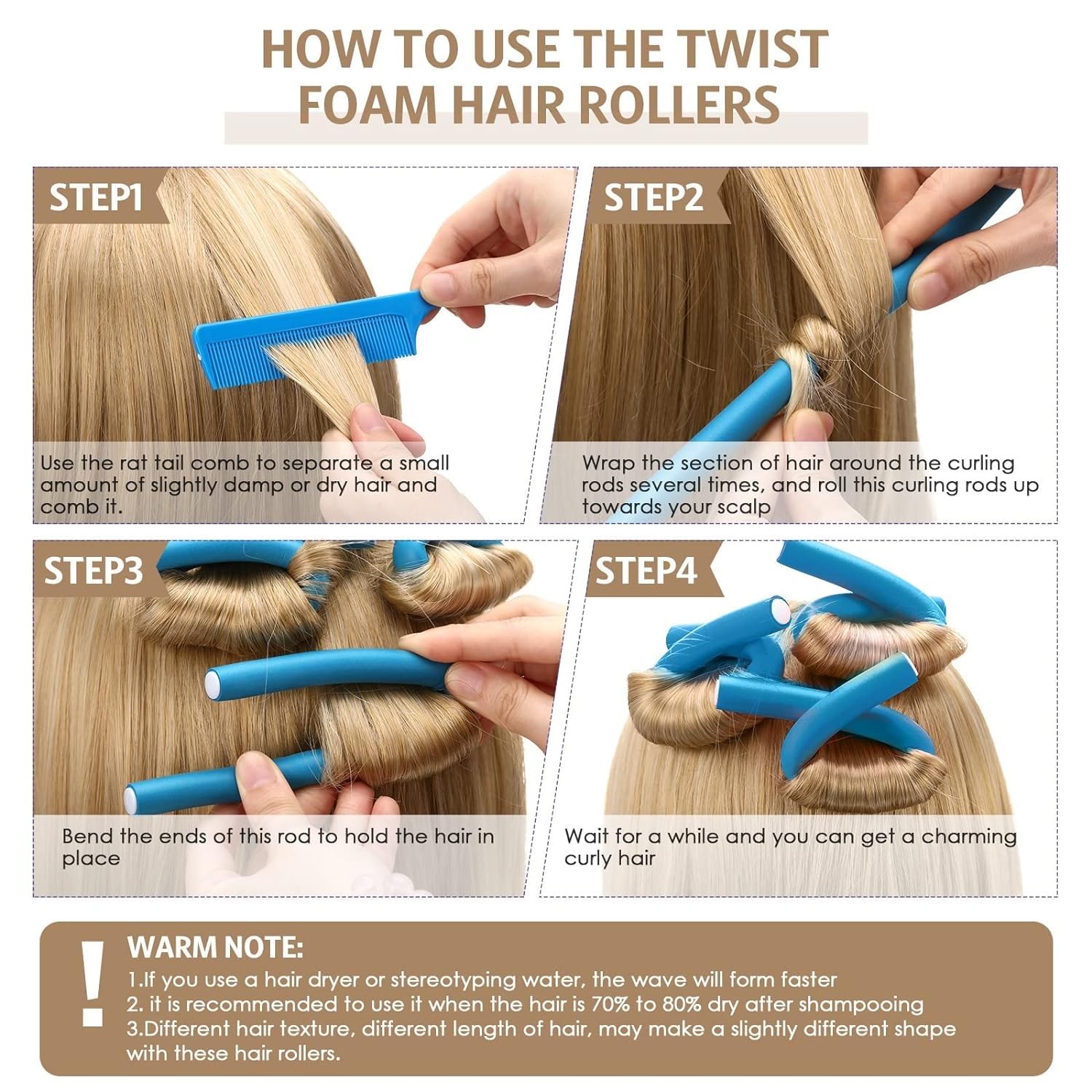 SWEETPEA Flexible Curling Rods & No Heat Hair Curlers Set - 10PCS Foam Twist Rollers with Steel Pintail Comb for Short & Long Hair (0.78x7 Inch Extra Large) - Perfect for Beach Waves, Overnight Curls & Heat-Free Styling